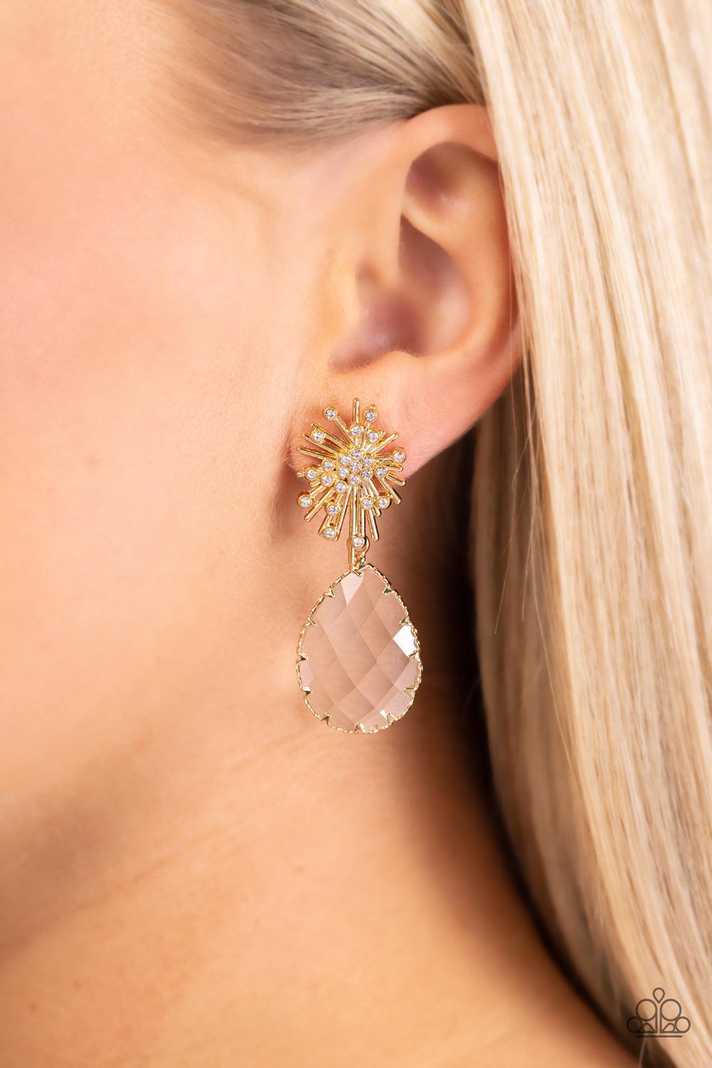 Stellar Shooting Star Gold & White Gem Earrings - Paparazzi Accessories- on model - CarasShop.com - Paparazzi Jewelry by Cara Jewels