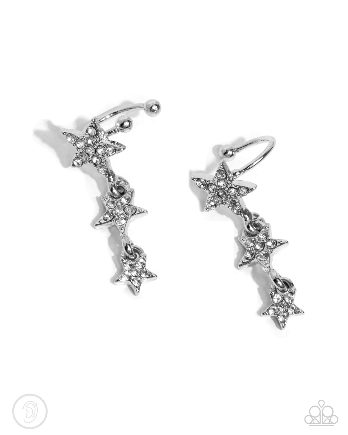 Stellar Surge White Rhinestone Star Ear Cuffs - Paparazzi Accessories- lightbox - CarasShop.com - Paparazzi Jewelry by Cara Jewels