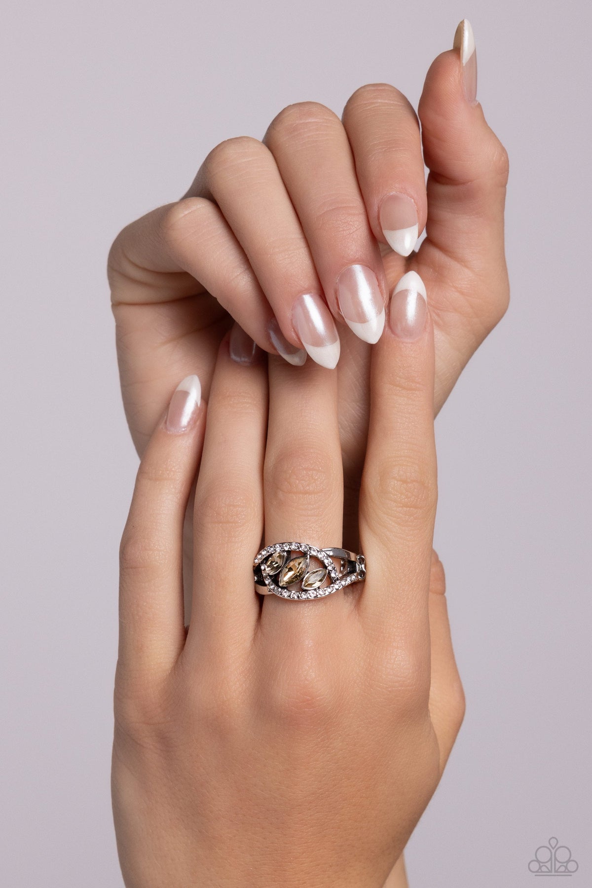 Stiletto Sparkle Brown & White Rhinestone Ring - Paparazzi Accessories- on model - CarasShop.com - Paparazzi Jewelry by Cara Jewels