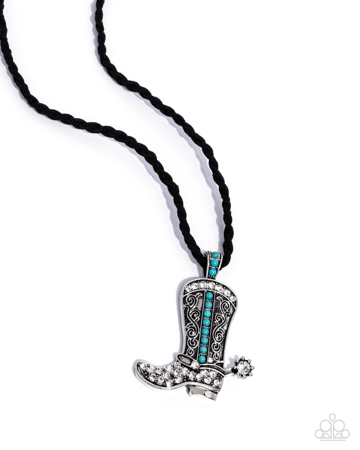 Stony Spur Turquoise Blue Stone & Rhinestone Cowboy Boot Necklace - Paparazzi Accessories- lightbox - CarasShop.com - Paparazzi Jewelry by Cara Jewels