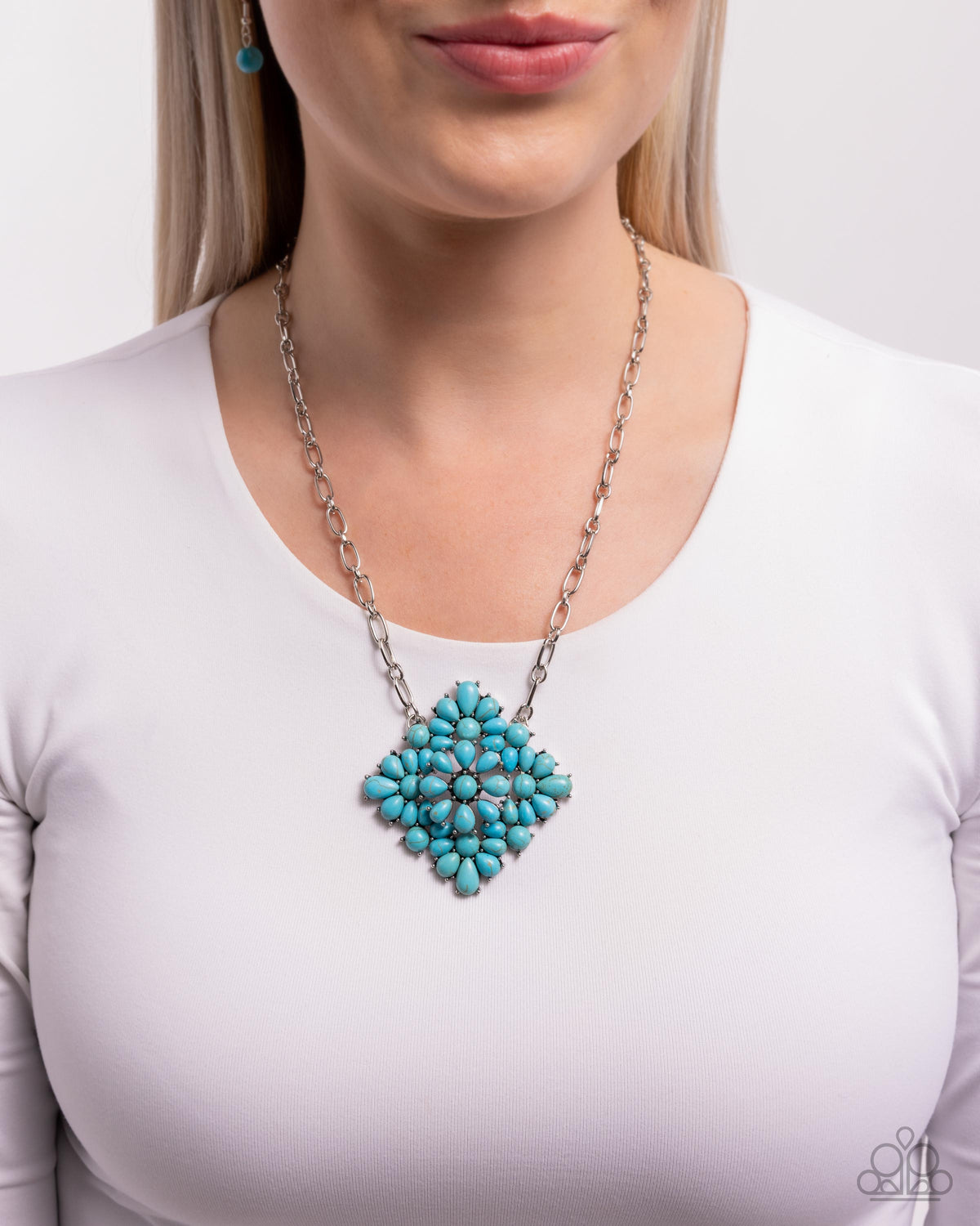 Stony Strength Turquoise Blue Stone Necklace - Paparazzi Accessories- on model - CarasShop.com - Paparazzi Jewelry by Cara Jewels
