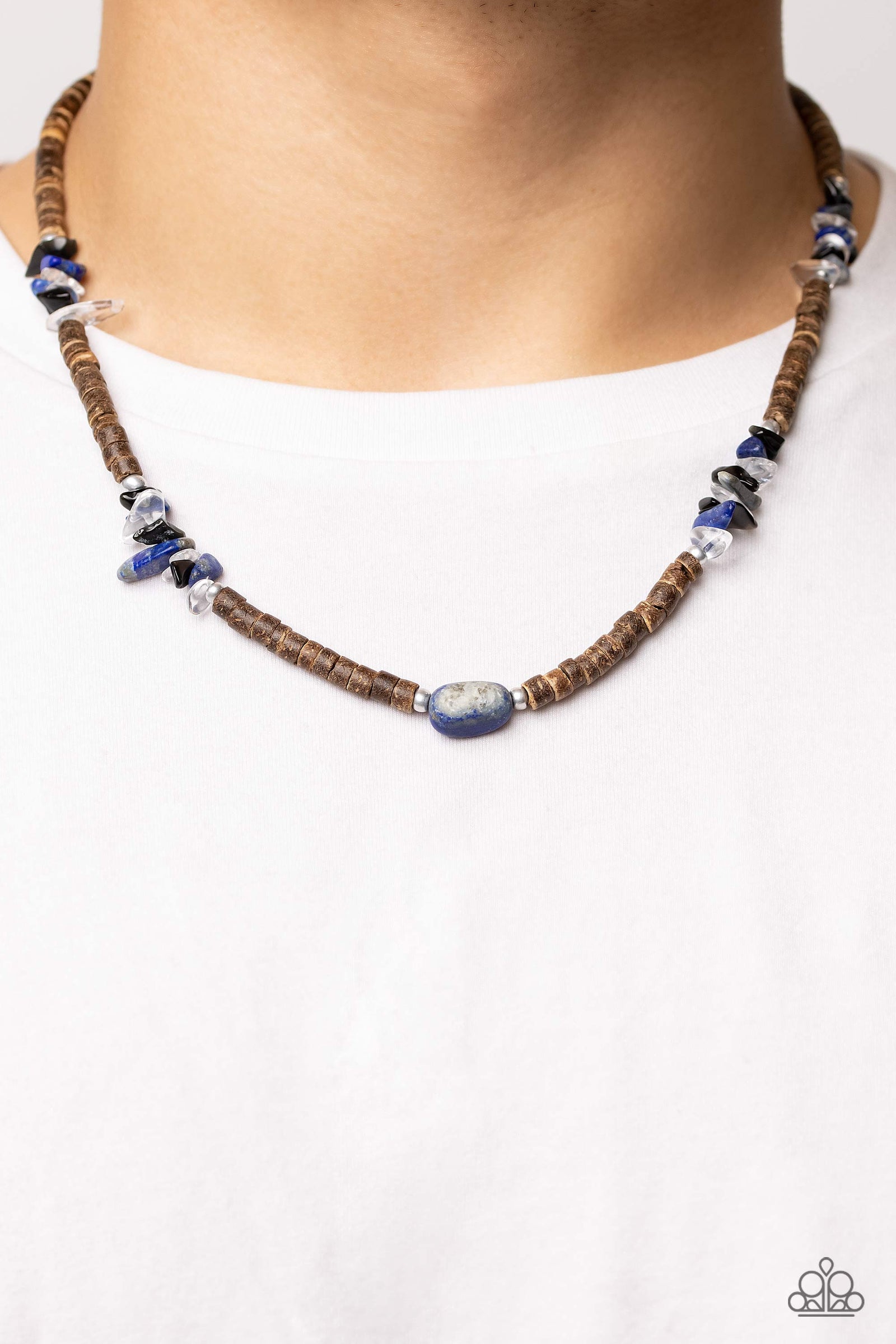Stony Survivor Blue Lapis Stone & Wood Bead Urban Necklace - Paparazzi Accessories- lightbox - CarasShop.com - Paparazzi Jewelry by Cara Jewels