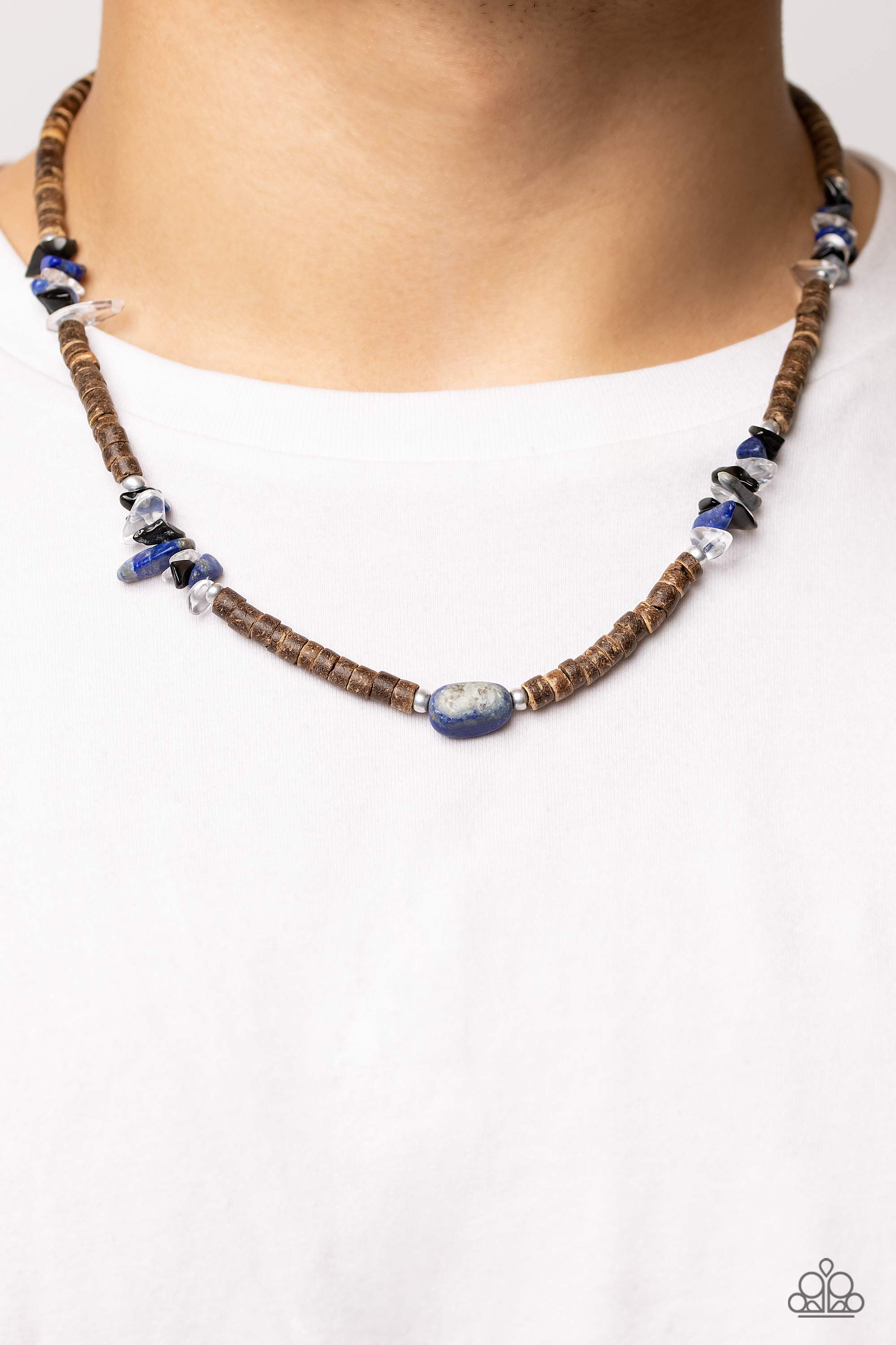 Stony Survivor Blue Lapis Stone & Wood Bead Urban Necklace - Paparazzi Accessories- lightbox - CarasShop.com - Paparazzi Jewelry by Cara Jewels