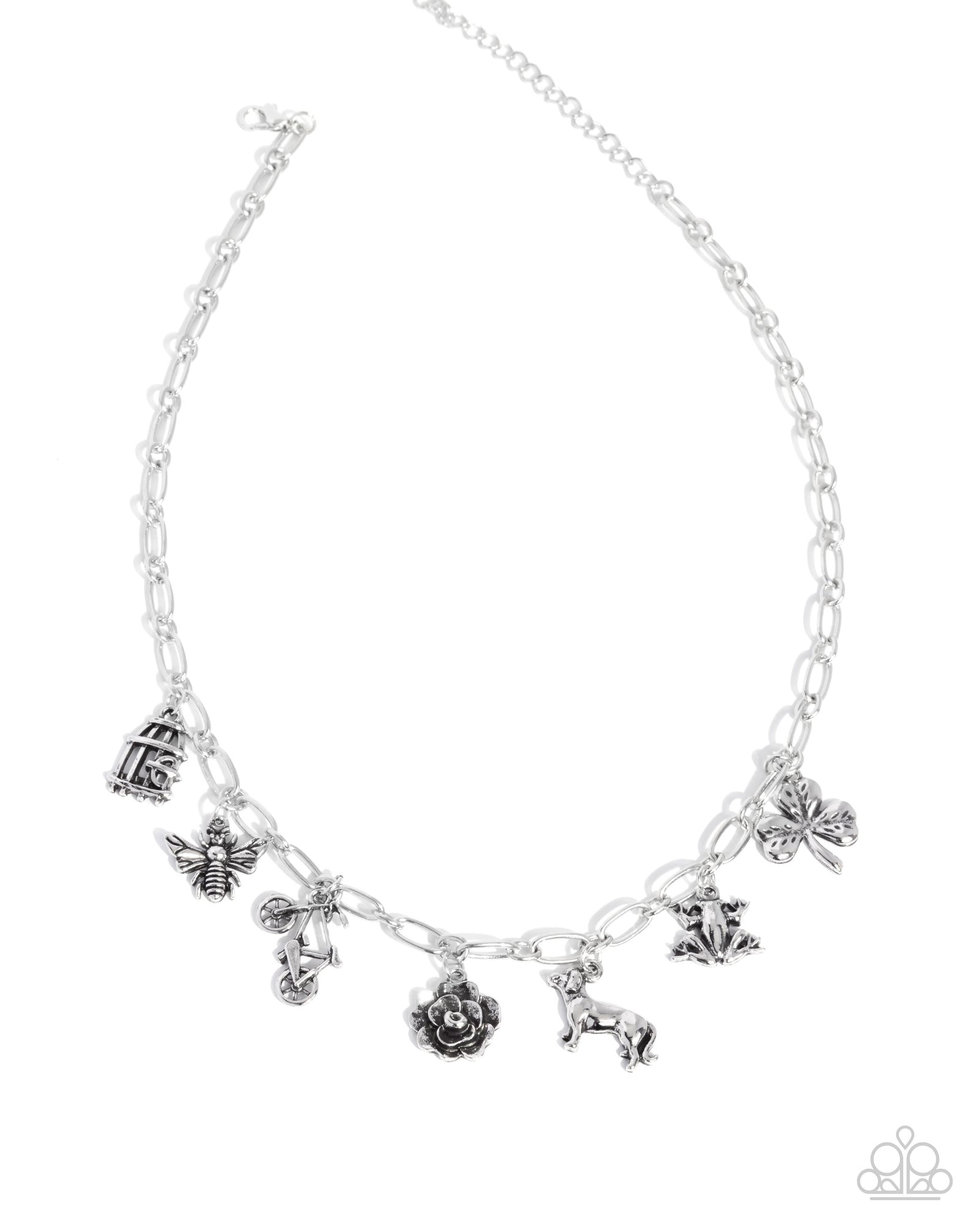 Storyteller Sheen Silver Charm Necklace - Paparazzi Accessories- lightbox - CarasShop.com - Paparazzi Jewelry by Cara Jewels