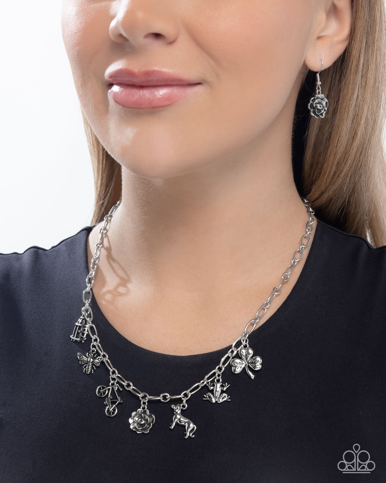 Storyteller Sheen Silver Charm Necklace - Paparazzi Accessories- lightbox - CarasShop.com - Paparazzi Jewelry by Cara Jewels