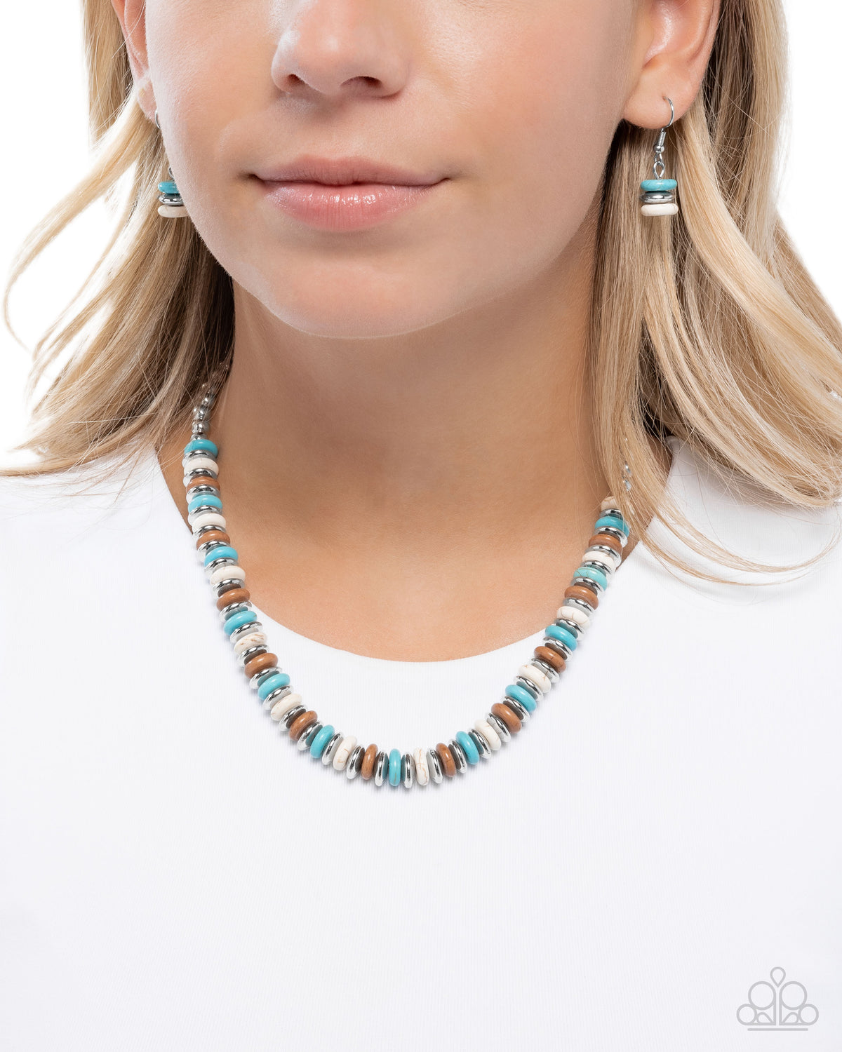 Straightforward Stones Turquoise Blue, White & Brown Stone Necklace - Paparazzi Accessories-on model - CarasShop.com - Paparazzi Jewelry by Cara Jewels