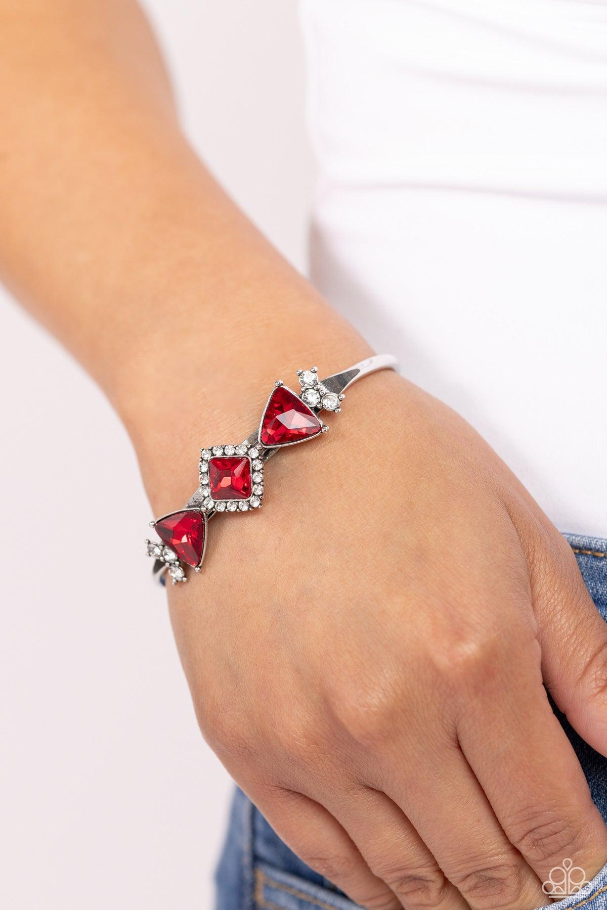 Strategic Sparkle Red Rhinestone Cuff Bracelet - Paparazzi Accessories- lightbox - CarasShop.com - Paparazzi Jewelry by Cara Jewels