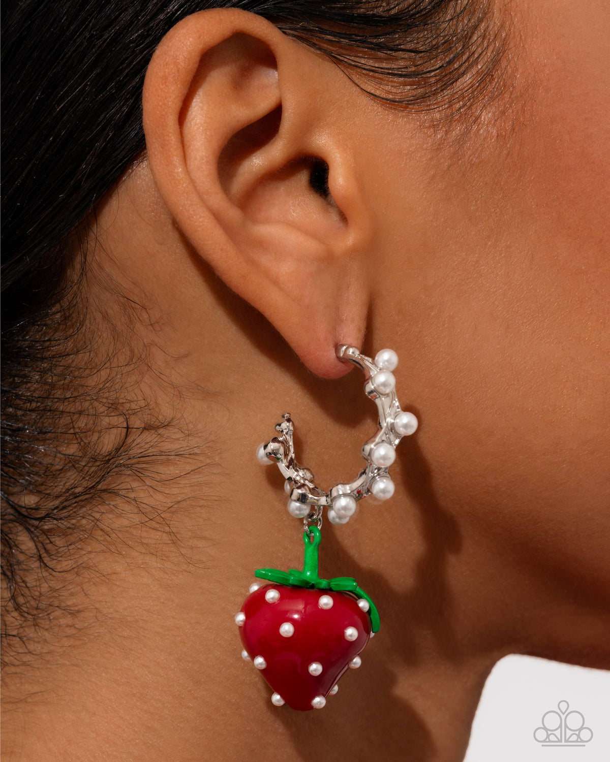 Strawberry Picnic Red & White Pearl Hoop Earrings - Paparazzi Accessories-on model - CarasShop.com - Paparazzi Jewelry by Cara Jewels