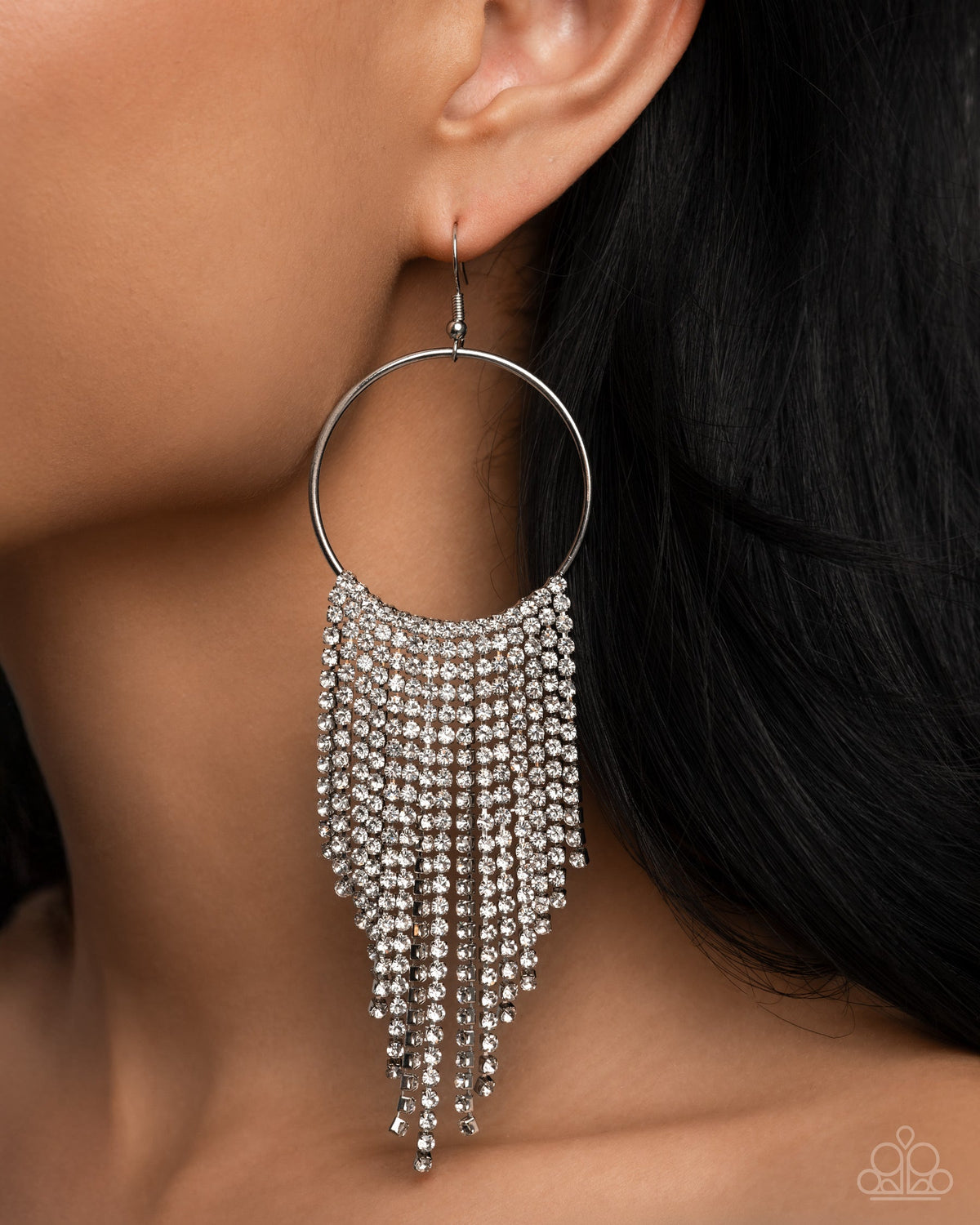Streamlined Shimmer White Rhinestone Earrings - Paparazzi Accessories- on model - CarasShop.com - Paparazzi Jewelry by Cara Jewels