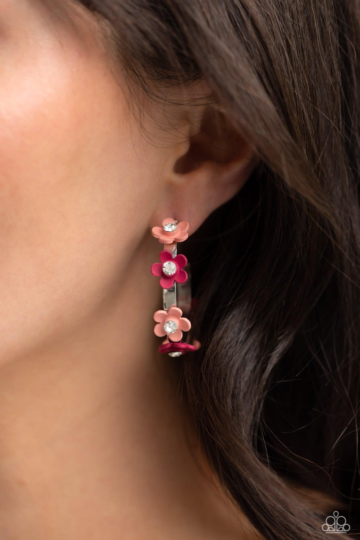 Strictly Springtime Orange Floral Hoop Earrings - Paparazzi Accessories- on model - CarasShop.com - Paparazzi Jewelry by Cara Jewels