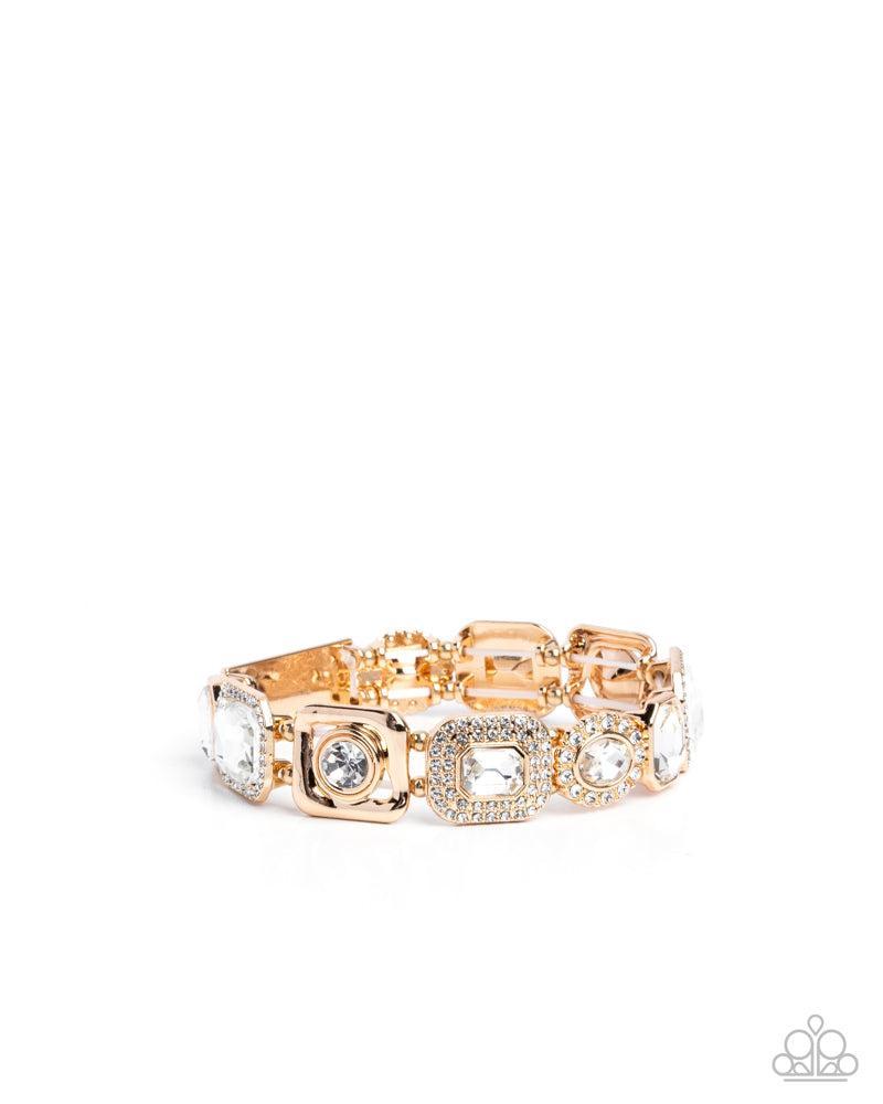 Striking Shimmer Gold & White Rhinestone Bracelet - Paparazzi Accessories- lightbox - CarasShop.com - Paparazzi Jewelry by Cara Jewels