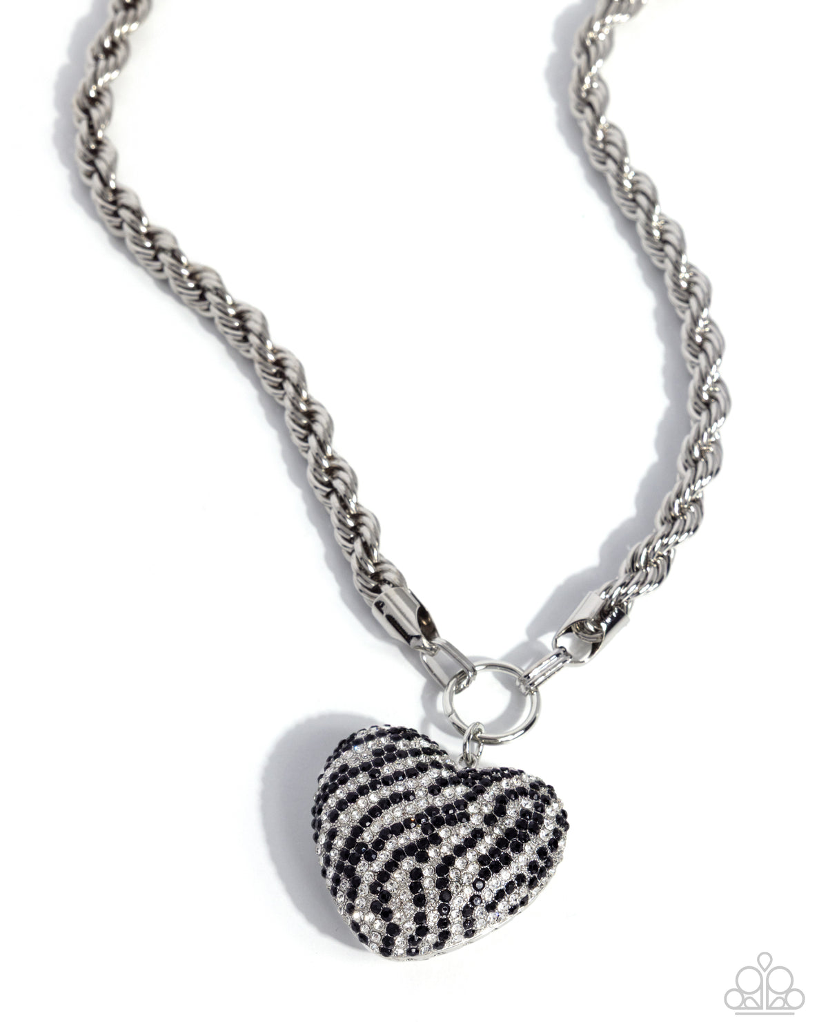 Striped Selfie Black & White Rhinestone Zebra Stripe Heart Necklace - Paparazzi Accessories- lightbox - CarasShop.com - Paparazzi Jewelry by Cara Jewels