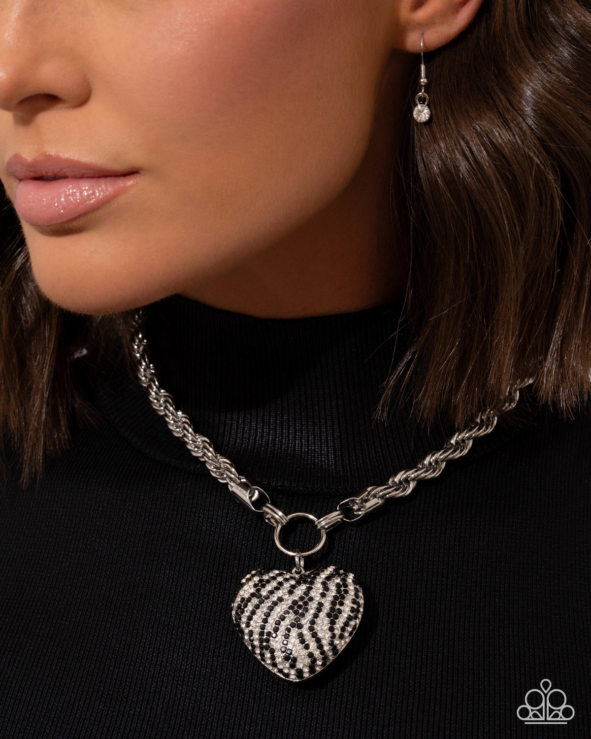 Striped Selfie Black & White Rhinestone Zebra Stripe Heart Necklace - Paparazzi Accessories-on model - CarasShop.com - Paparazzi Jewelry by Cara Jewels