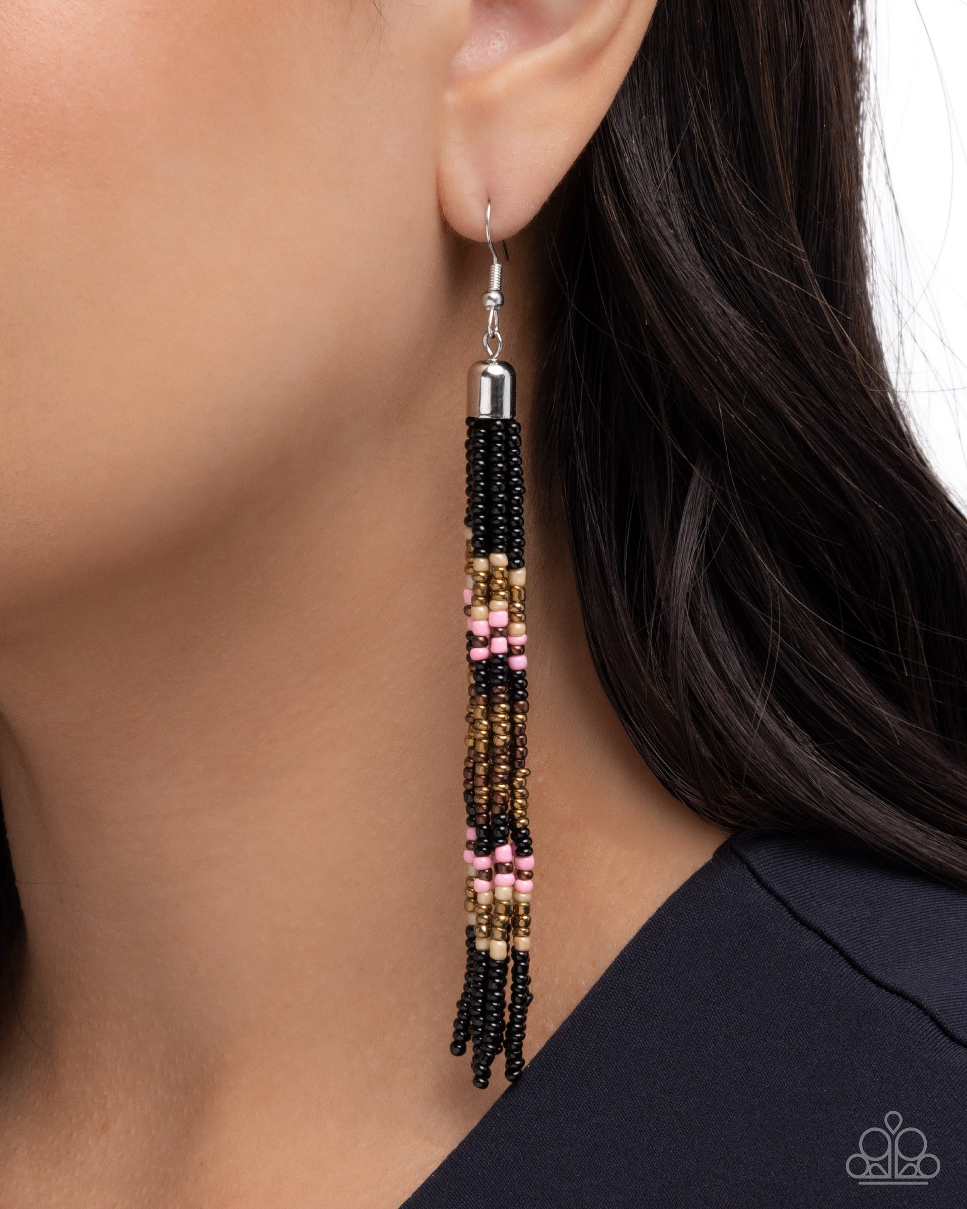 Stunning Strands Black & Brass Seed Bead Earrings - Paparazzi Accessories- lightbox - CarasShop.com - Paparazzi Jewelry by Cara Jewels