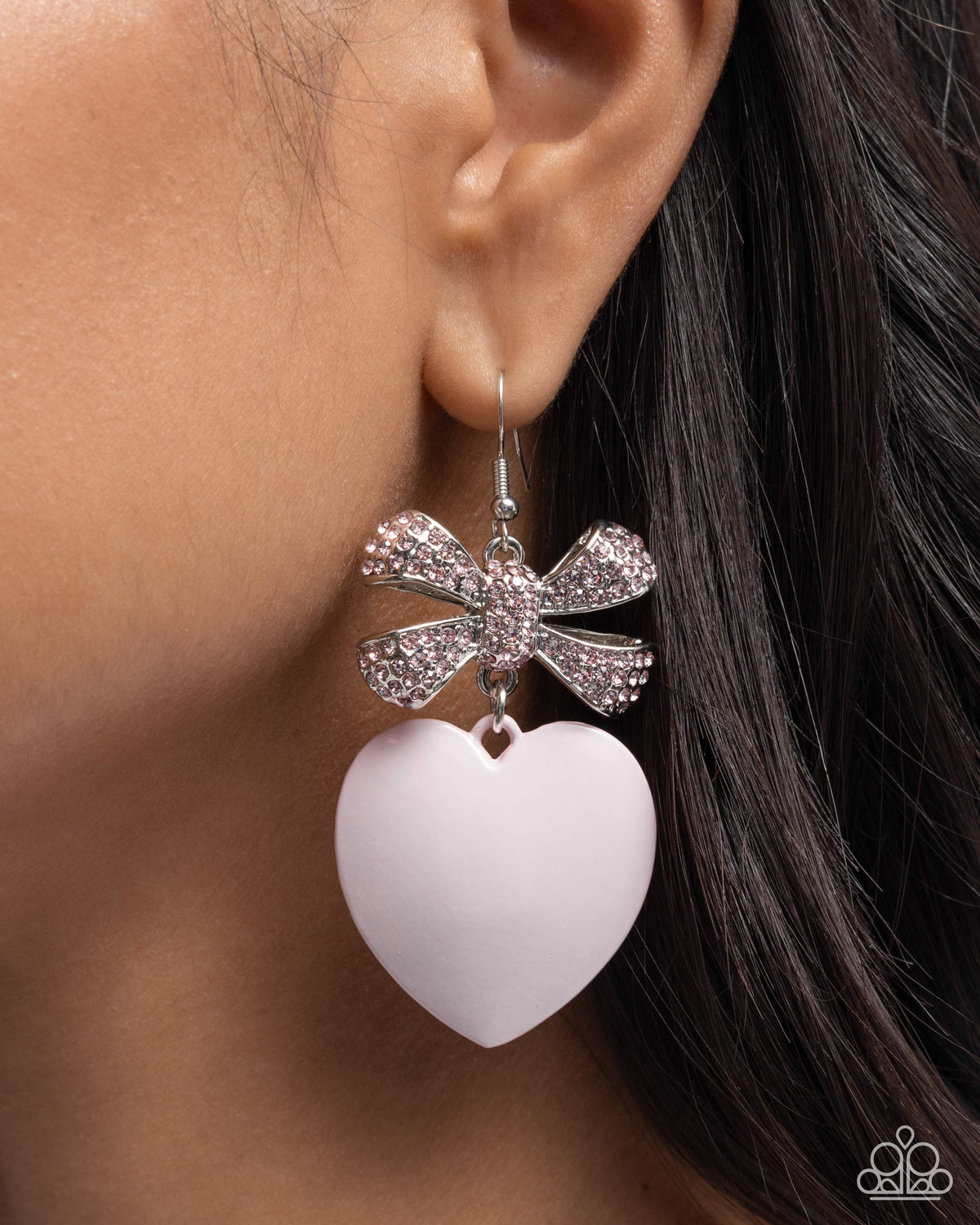 Suitable Sweetheart Pink Rhinestone Heart Earrings - Paparazzi Accessories- on model - CarasShop.com - Paparazzi Jewelry by Cara Jewels