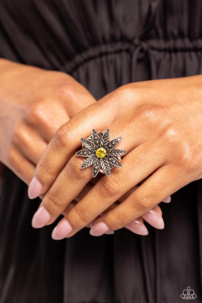 Sunflower Season Yellow Ring - Paparazzi Accessories- on model - CarasShop.com - Paparazzi Jewelry by Cara Jewels