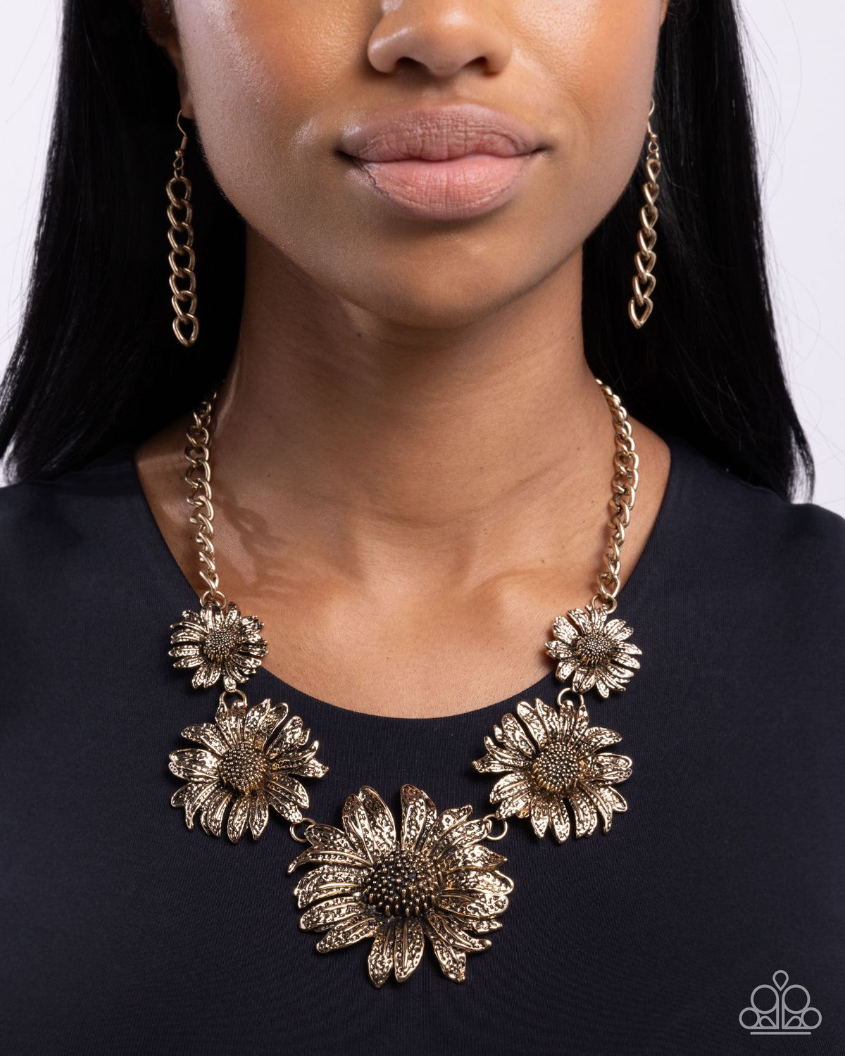 Sunflower Spring Gold Necklace - Paparazzi Accessories- on model - CarasShop.com - Paparazzi Jewelry by Cara Jewels