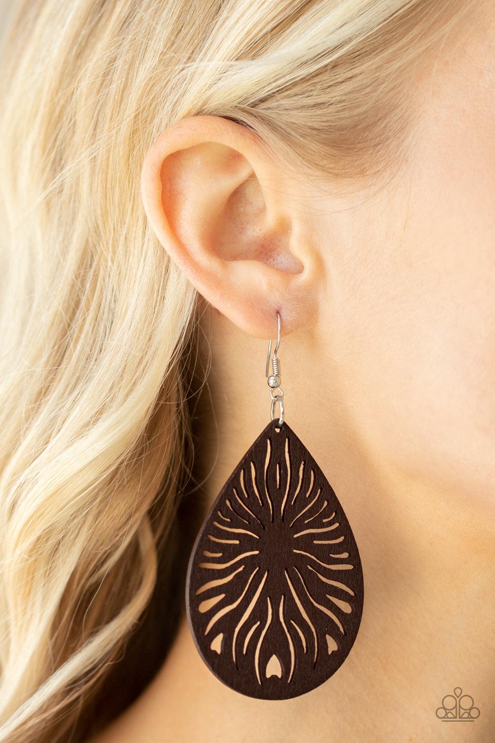 Sunny Incantations Brown Wood Earrings - Paparazzi Accessories- on model - CarasShop.com - Paparazzi Jewelry by Cara Jewels