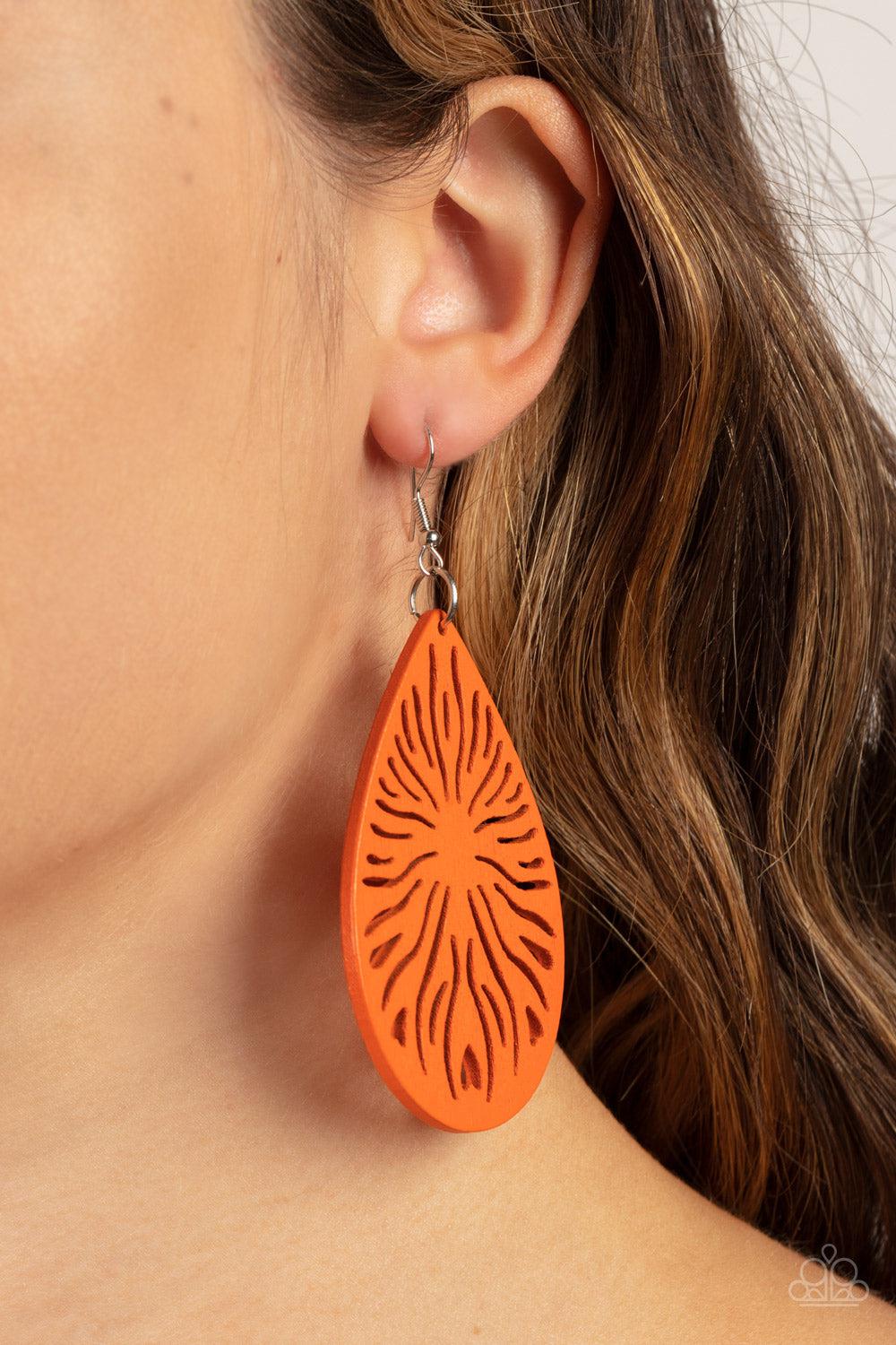 Sunny Incantations Orange Wood Earrings - Paparazzi Accessories- on model - CarasShop.com - Paparazzi Jewelry by Cara Jewels