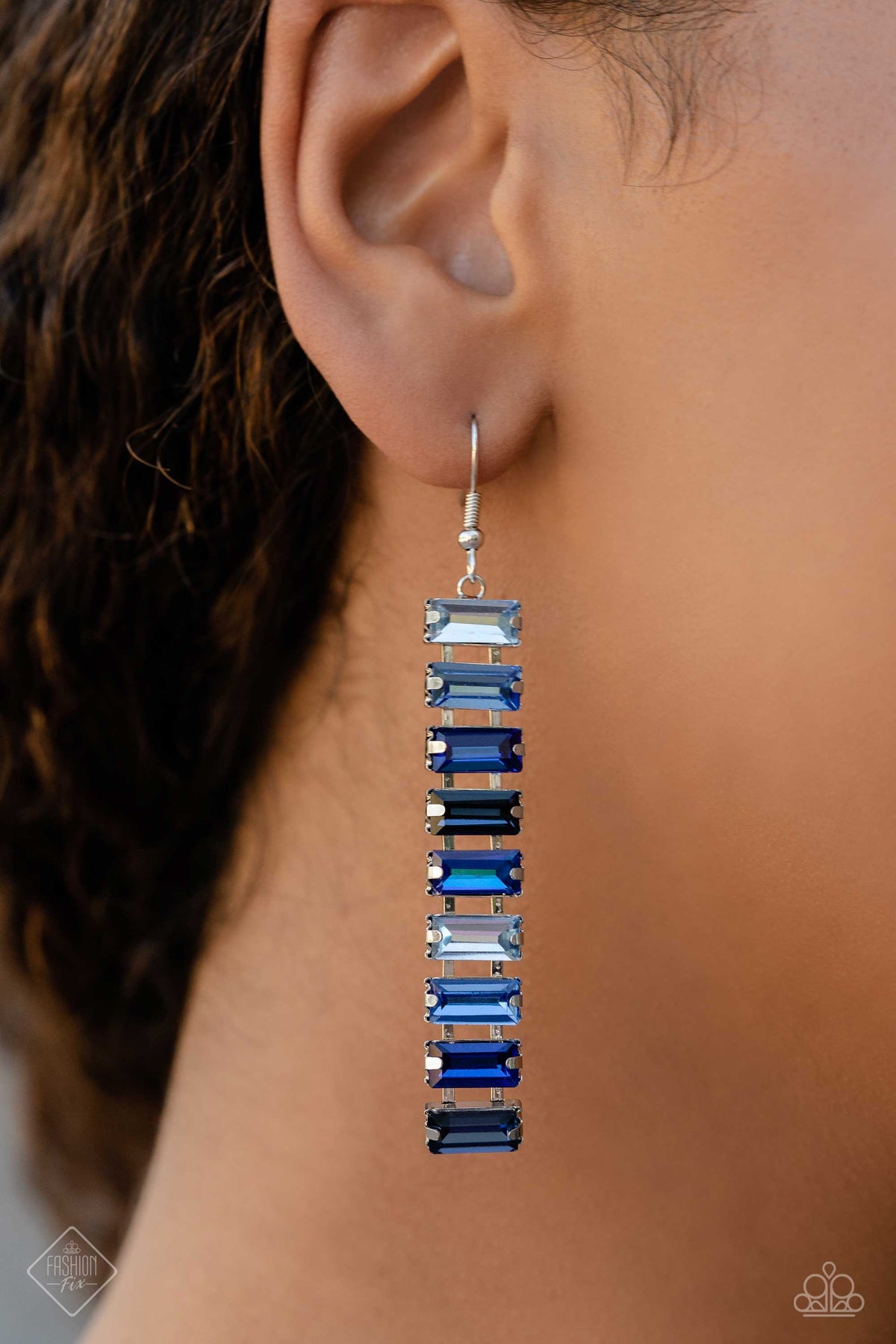 Superbly Stacked Blue Rhinestone Earrings - Paparazzi Accessories- on model - CarasShop.com - Paparazzi Jewelry by Cara Jewels