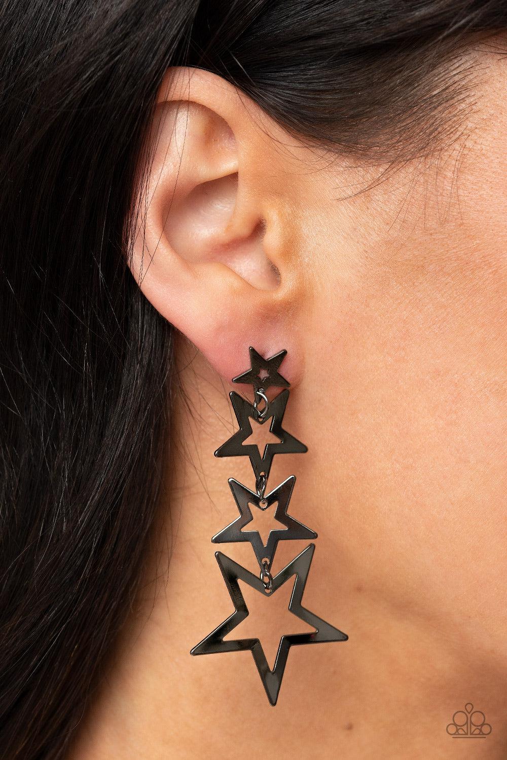 Superstar Crescendo Gunmetal Black Star Earrings - Paparazzi Accessories- lightbox - CarasShop.com - Paparazzi Jewelry by Cara Jewels