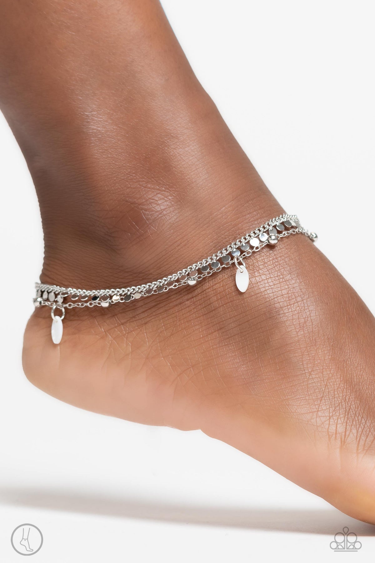 Surf City White & Silver Chain Anklet - Paparazzi Accessories- on model - CarasShop.com - Paparazzi Jewelry by Cara Jewels