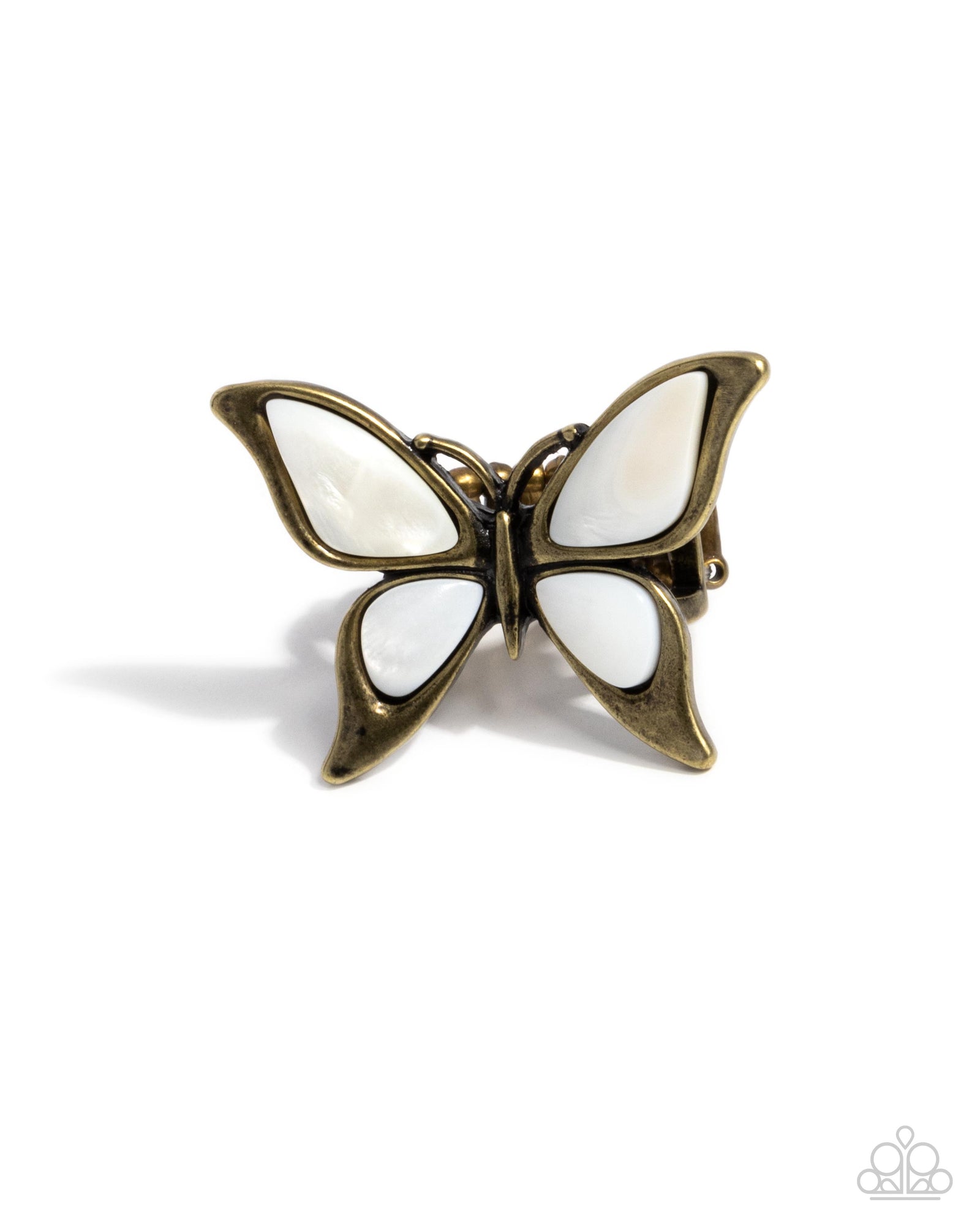 Suspended Story Brass & White Shell Butterfly Ring - Paparazzi Accessories- lightbox - CarasShop.com - Paparazzi Jewelry by Cara Jewels