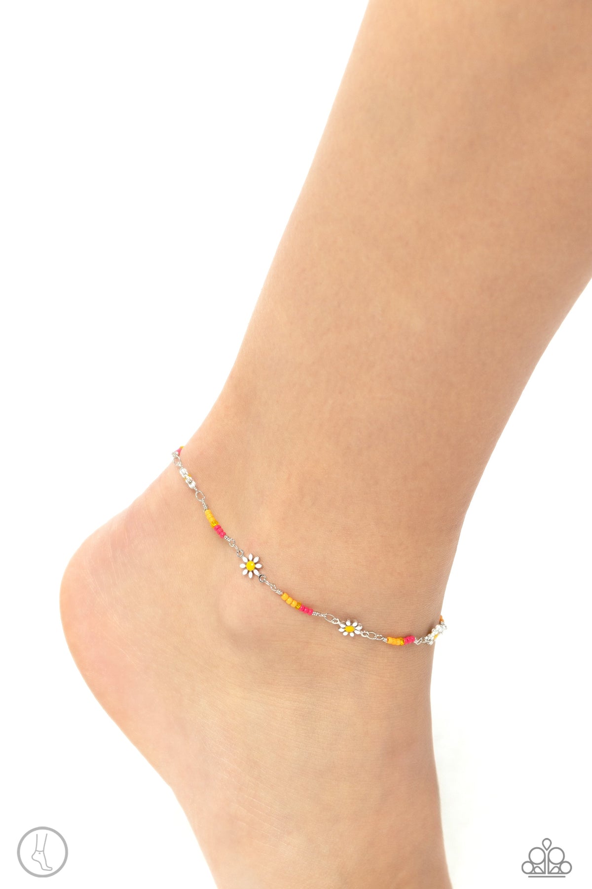 Sweetest Daydream Pink & Multi Floral Anklet - Paparazzi Accessories- on model - CarasShop.com - Paparazzi Jewelry by Cara Jewels