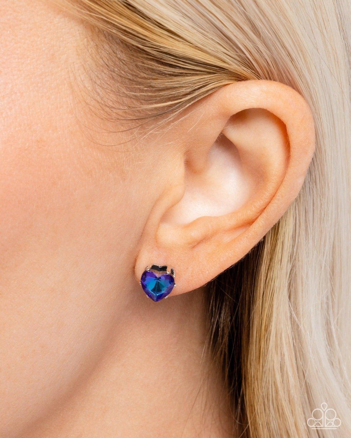 Sweetheart Stunner Blue Rhinestone Heart Earrings - Paparazzi Accessories- on model - CarasShop.com - Paparazzi Jewelry by Cara Jewels
