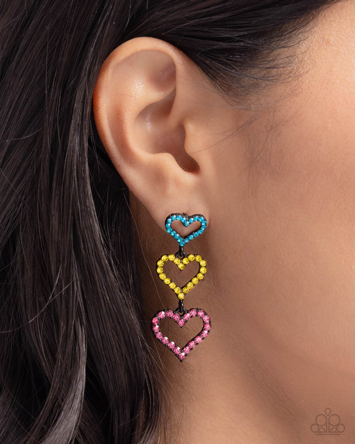 Sweetheart Succession Pink, Yellow & Blue Heart Earrings - Paparazzi Accessories- on model - CarasShop.com - Paparazzi Jewelry by Cara Jewels
