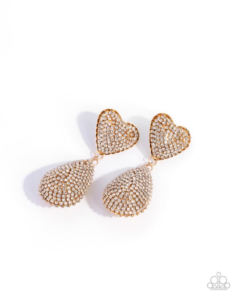 Sweetheart Sway Gold & White Rhinestone Heart Earrings - Paparazzi Accessories- lightbox - CarasShop.com - Paparazzi Jewelry by Cara Jewels