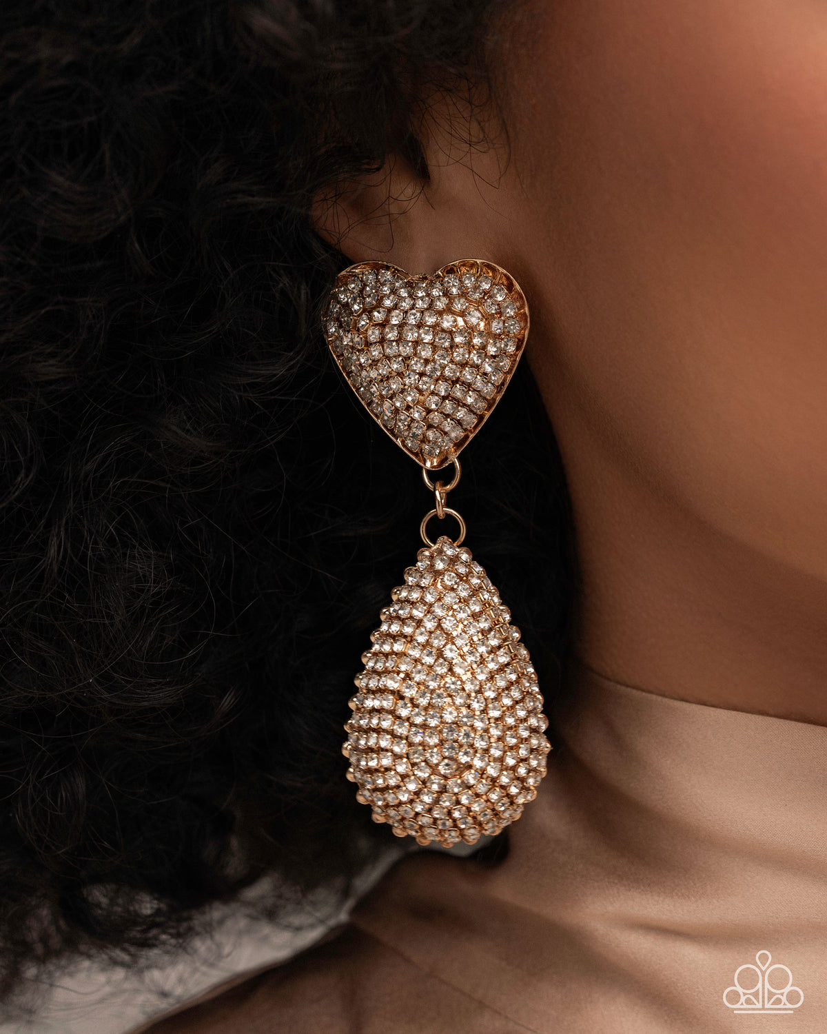 Sweetheart Sway Gold & White Rhinestone Heart Earrings - Paparazzi Accessories-on model - CarasShop.com - Paparazzi Jewelry by Cara Jewels