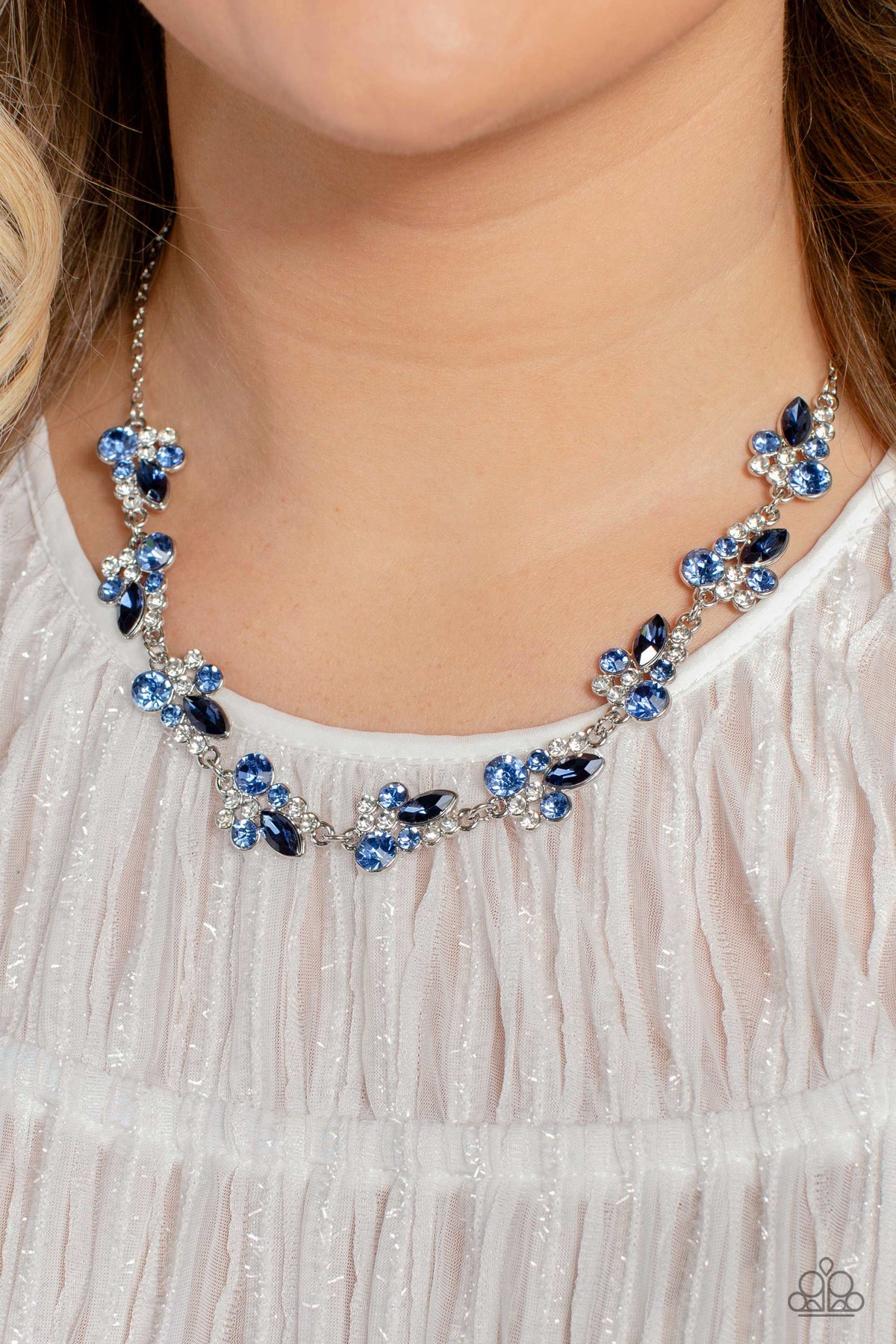 Swimming in Sparkles Blue Rhinestone Necklace - Paparazzi Accessories- on model - CarasShop.com - Paparazzi Jewelry by Cara Jewels