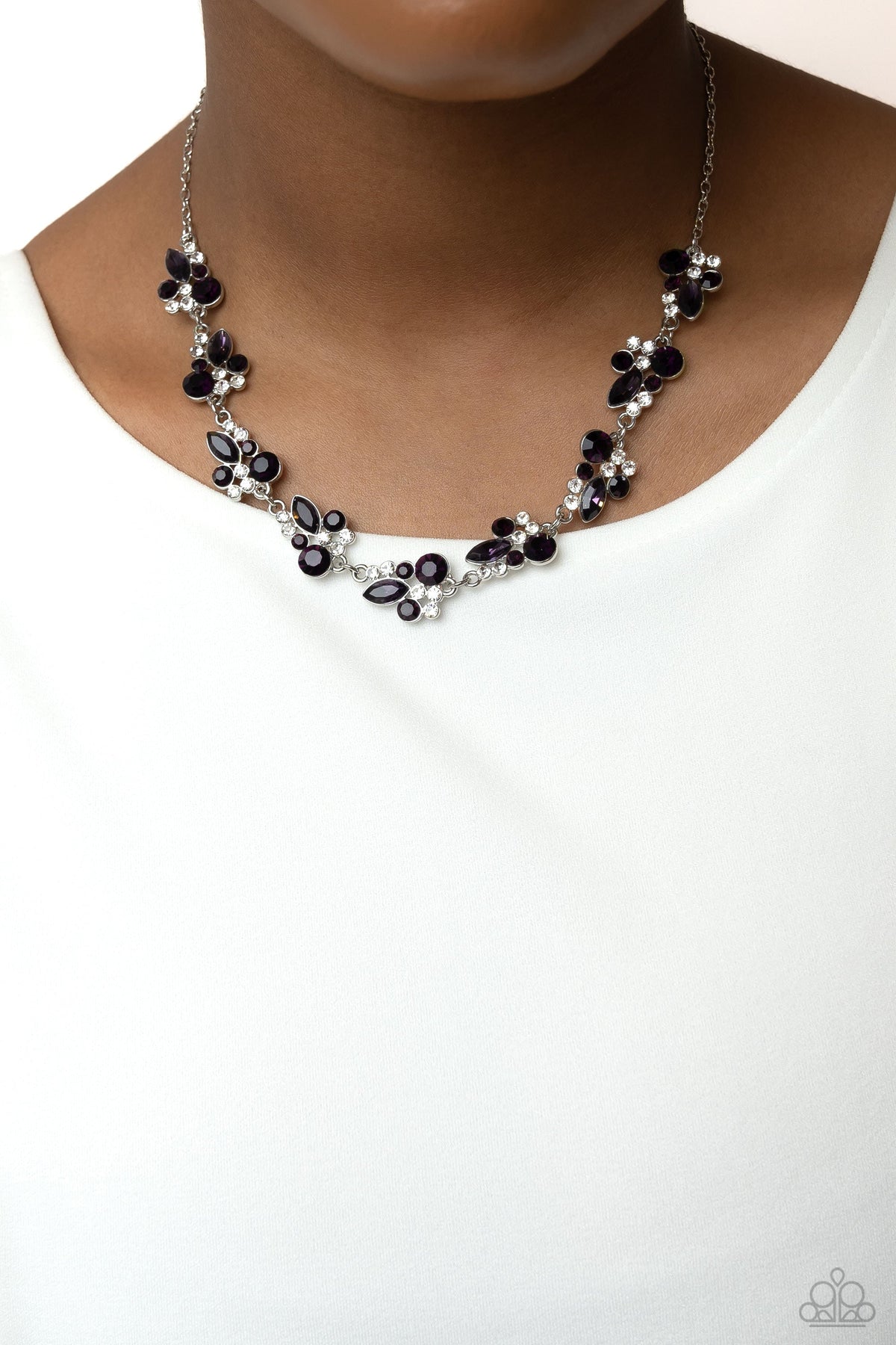 Swimming in Sparkles Purple Rhinestone Necklace - Paparazzi Accessories- on model - CarasShop.com - Paparazzi Jewelry by Cara Jewels