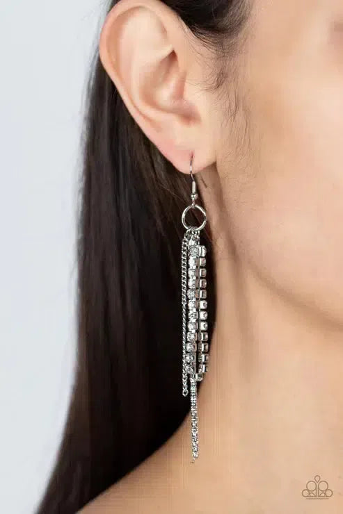 Swing Dance Dazzle White Earrings - Paparazzi Accessories- on model - CarasShop.com - Paparazzi Jewelry by Cara Jewels