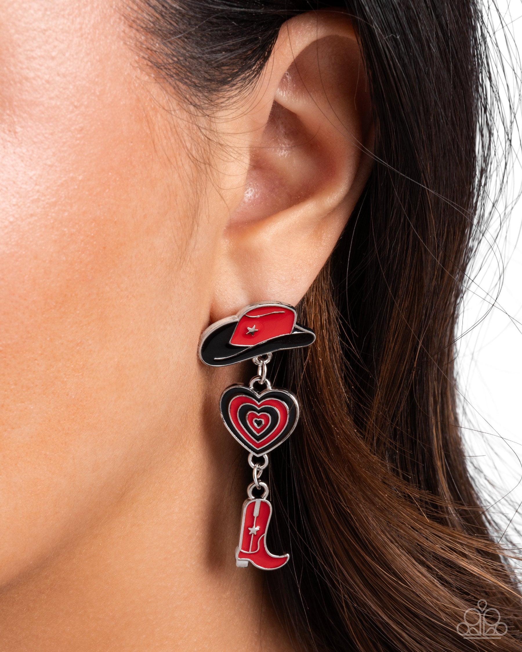 Swing Dance Delight Multi Red & Black Cowboy Heart Earrings - Paparazzi Accessories- lightbox - CarasShop.com - Paparazzi Jewelry by Cara Jewels