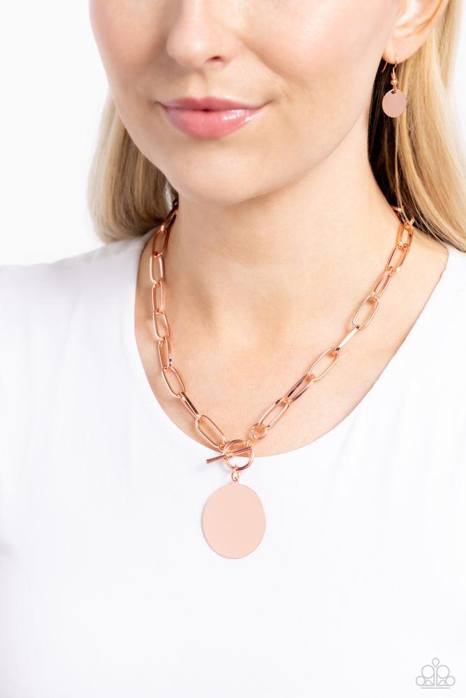 Tag Out Copper Necklace - Paparazzi Accessories-on model - CarasShop.com - Paparazzi Jewelry by Cara Jewels