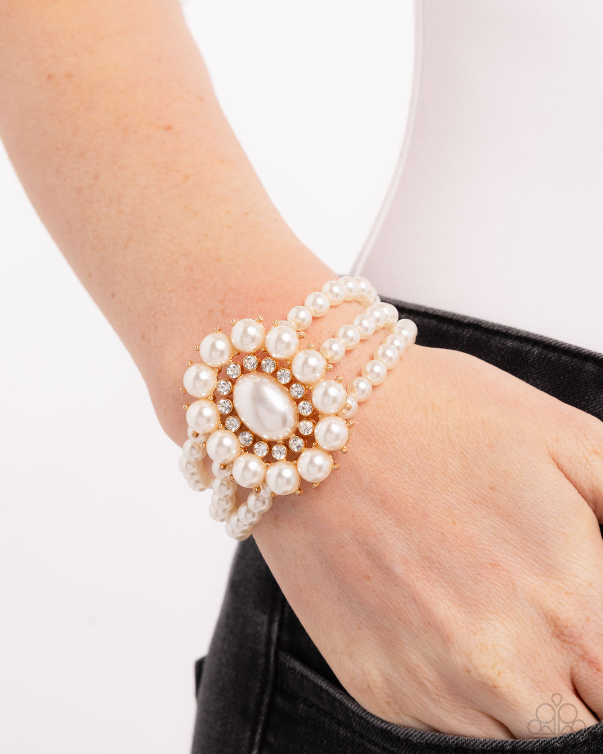 Take A Fancy To Gold & White Pearl Bracelet - Paparazzi Accessories-on model - CarasShop.com - Paparazzi Jewelry by Cara Jewels