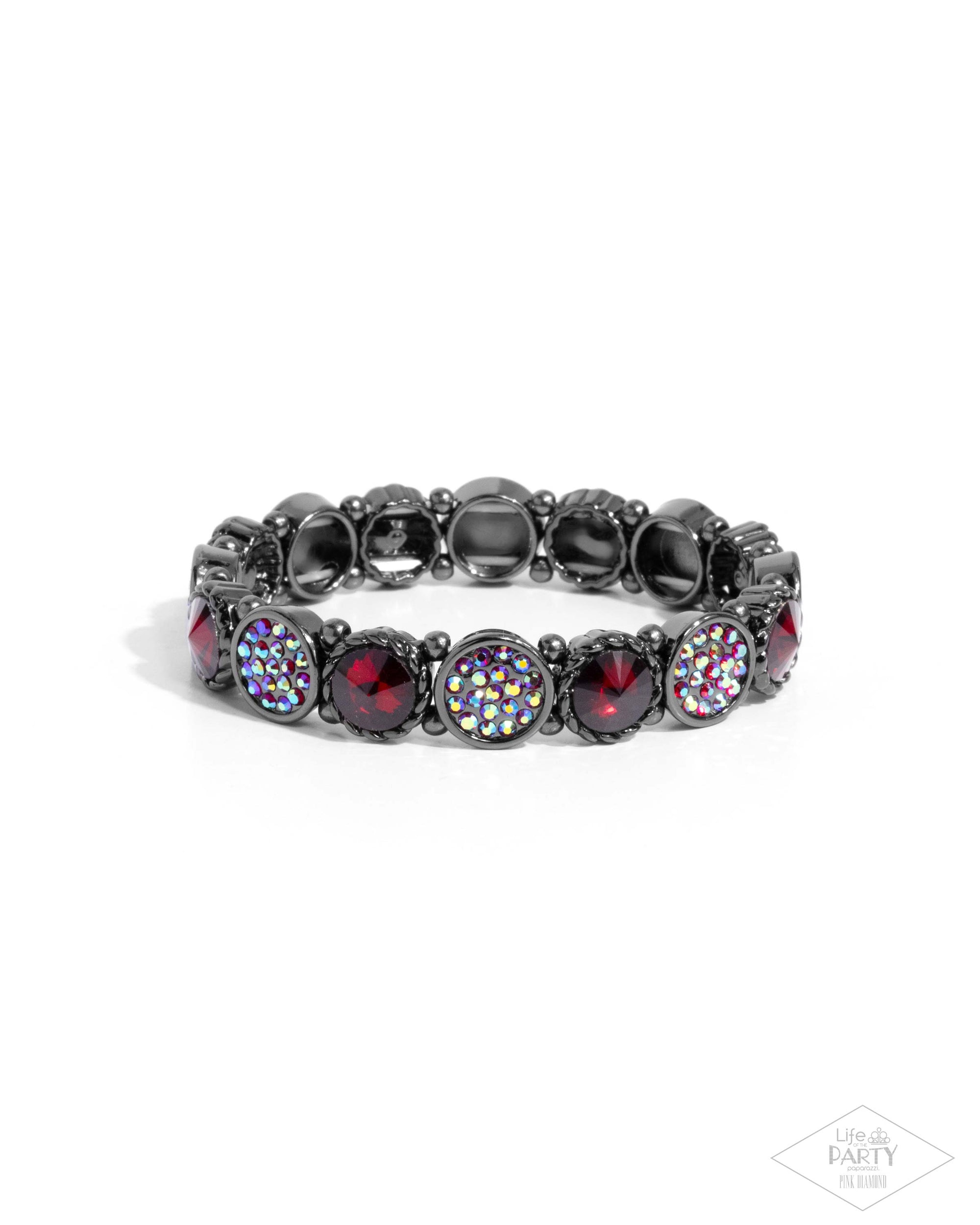 Take A Moment To Reflect Red Gem & Gunmetal Bracelet - Paparazzi Accessories- lightbox - CarasShop.com - Paparazzi Jewelry by Cara Jewels