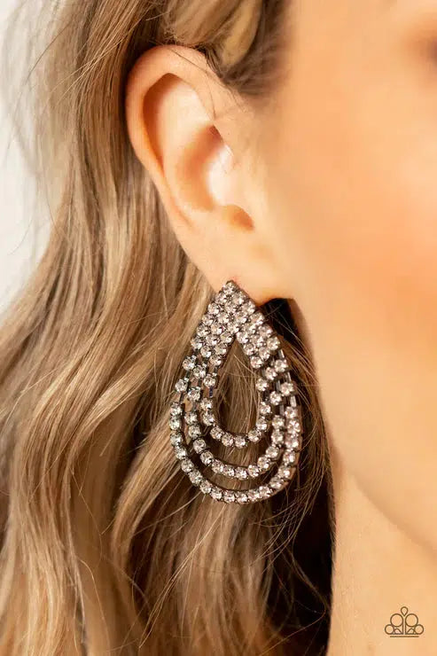 Take a POWER Stance Black Earrings - Paparazzi Accessories- on model - CarasShop.com - Paparazzi Jewelry by Cara Jewels