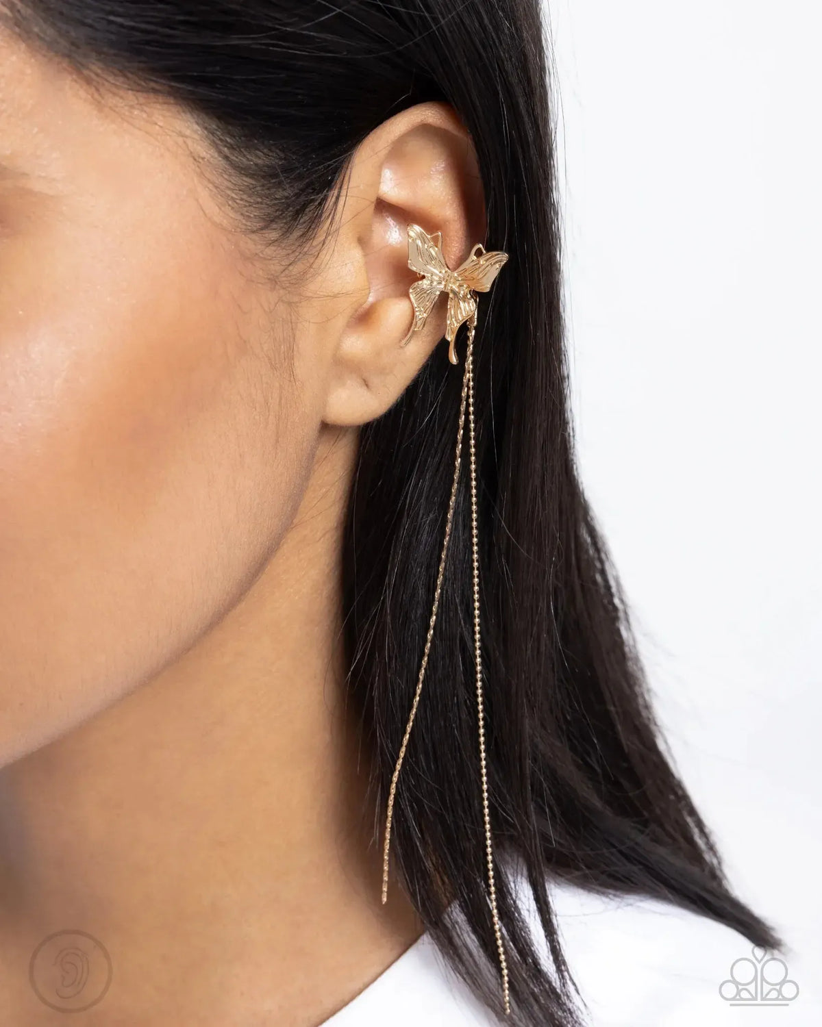 Take Flight Gold Butterfly Cuff Earrings - Paparazzi Accessories- on model - CarasShop.com - Paparazzi Jewelry by Cara Jewels
