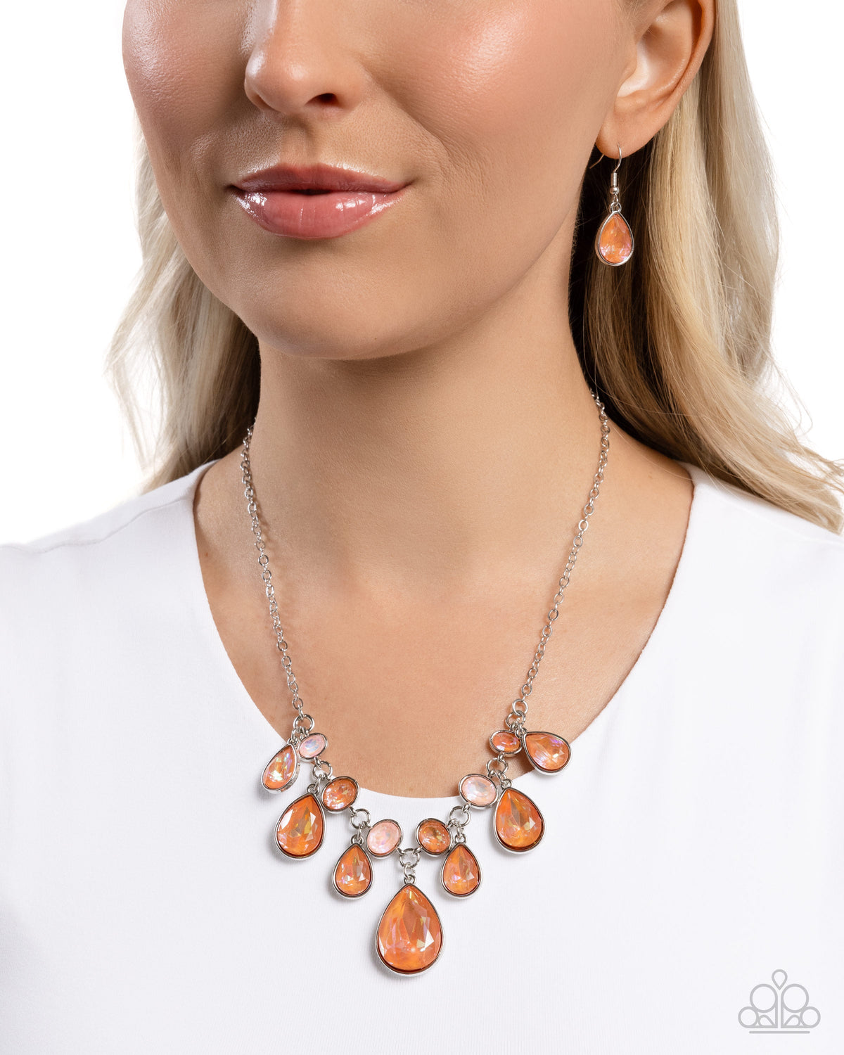 Talented Teardrops Orange & Peach Rhinestone Necklace - Paparazzi Accessories- on model - CarasShop.com - Paparazzi Jewelry by Cara Jewels