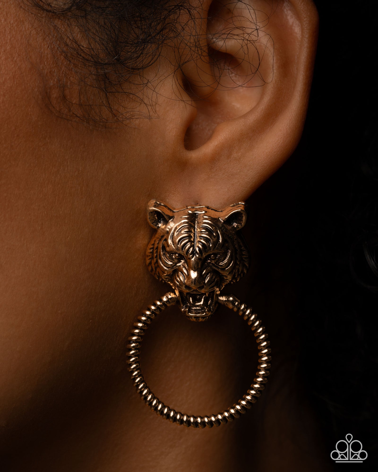 Tangible Tiger Gold Earrings - Paparazzi Accessories- lightbox - CarasShop.com - Paparazzi Jewelry by Cara Jewels