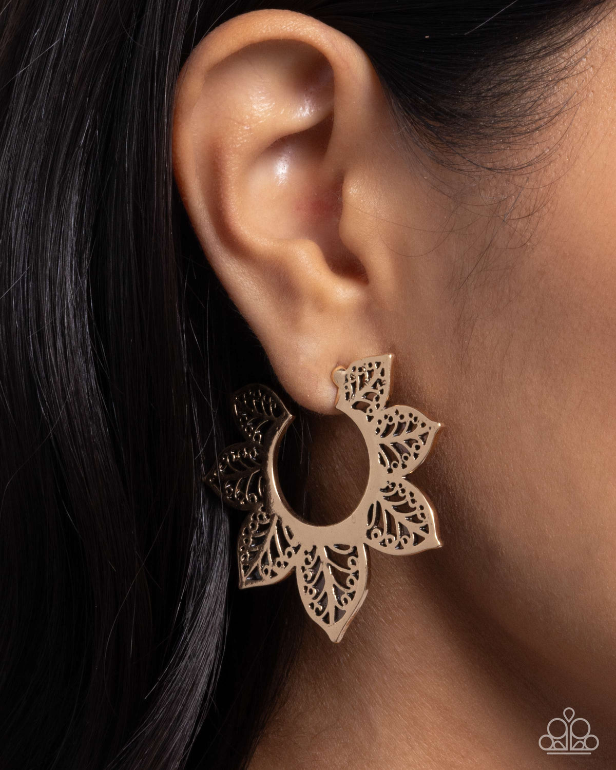 Tangled Tapestry Gold Hoop Earrings - Paparazzi Accessories- on model - CarasShop.com - Paparazzi Jewelry by Cara Jewels