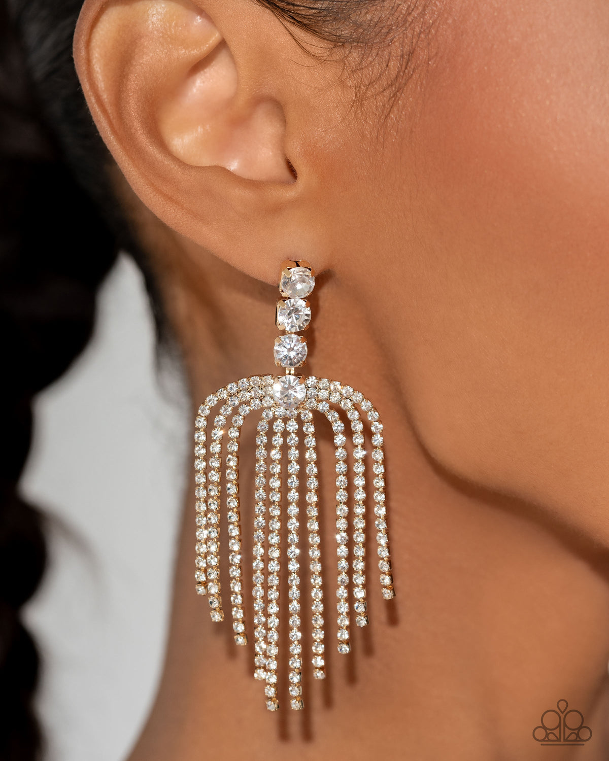 Tapered Twilight Gold & White Rhinestone Earrings - Paparazzi Accessories- on model - CarasShop.com - Paparazzi Jewelry by Cara Jewels