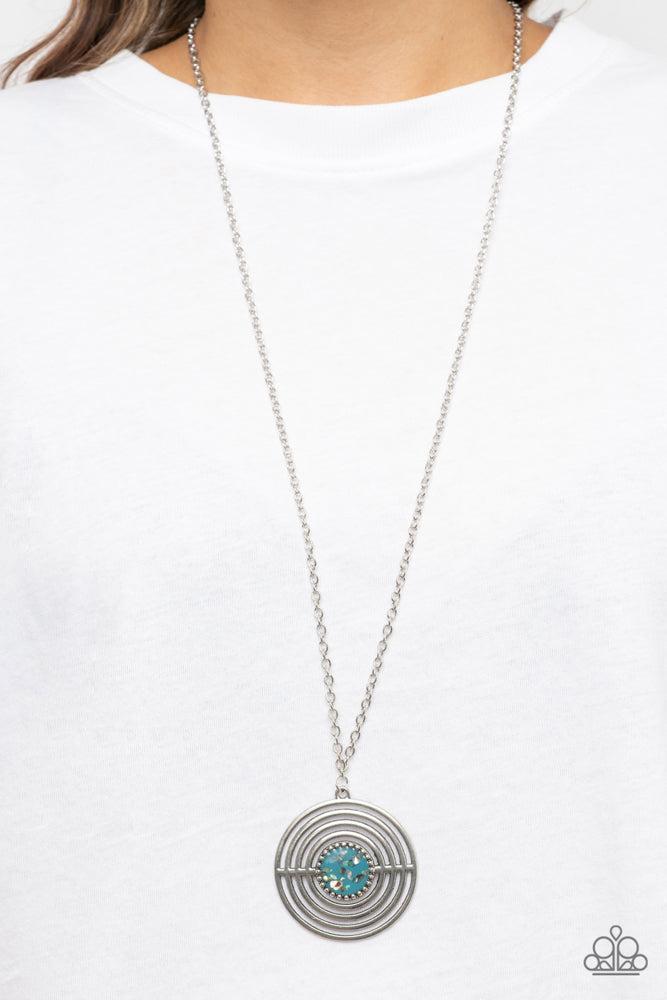 Targeted Tranquility Blue Necklace - Paparazzi Accessories- on model - CarasShop.com - Paparazzi Jewelry by Cara Jewels