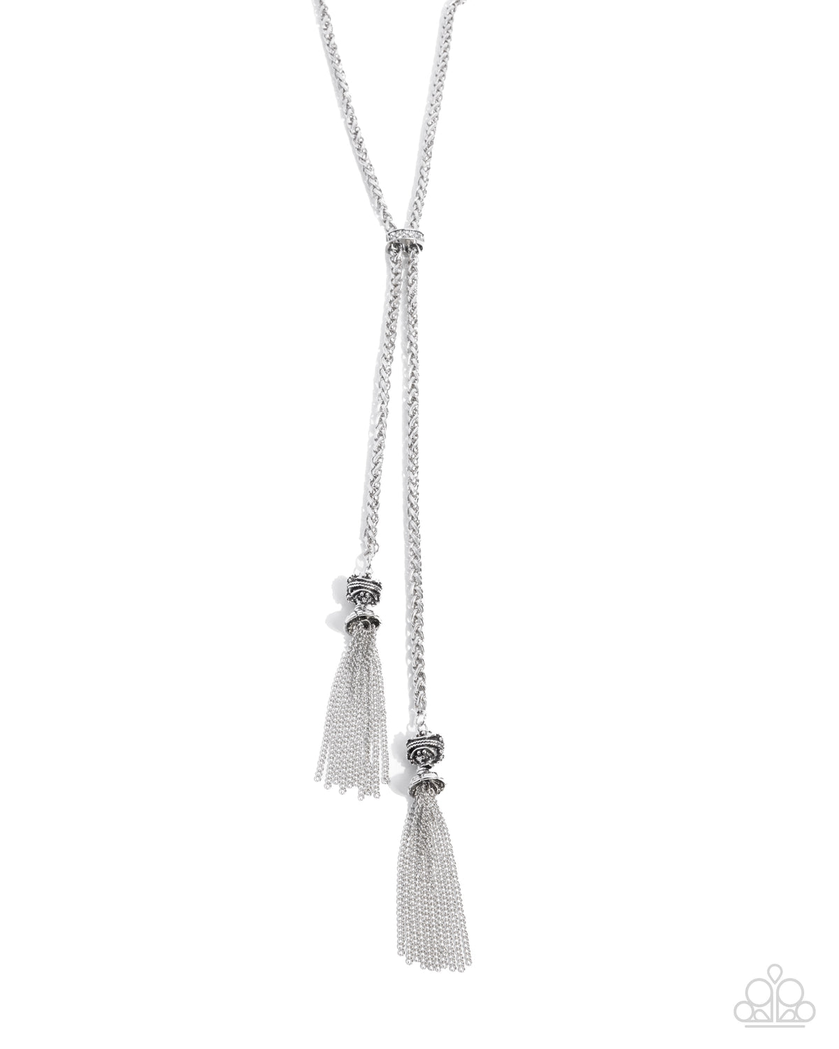 Tassel Transit White Rhinestone & Silver Tassel Necklace - Paparazzi Accessories- lightbox - CarasShop.com - Paparazzi Jewelry by Cara Jewels