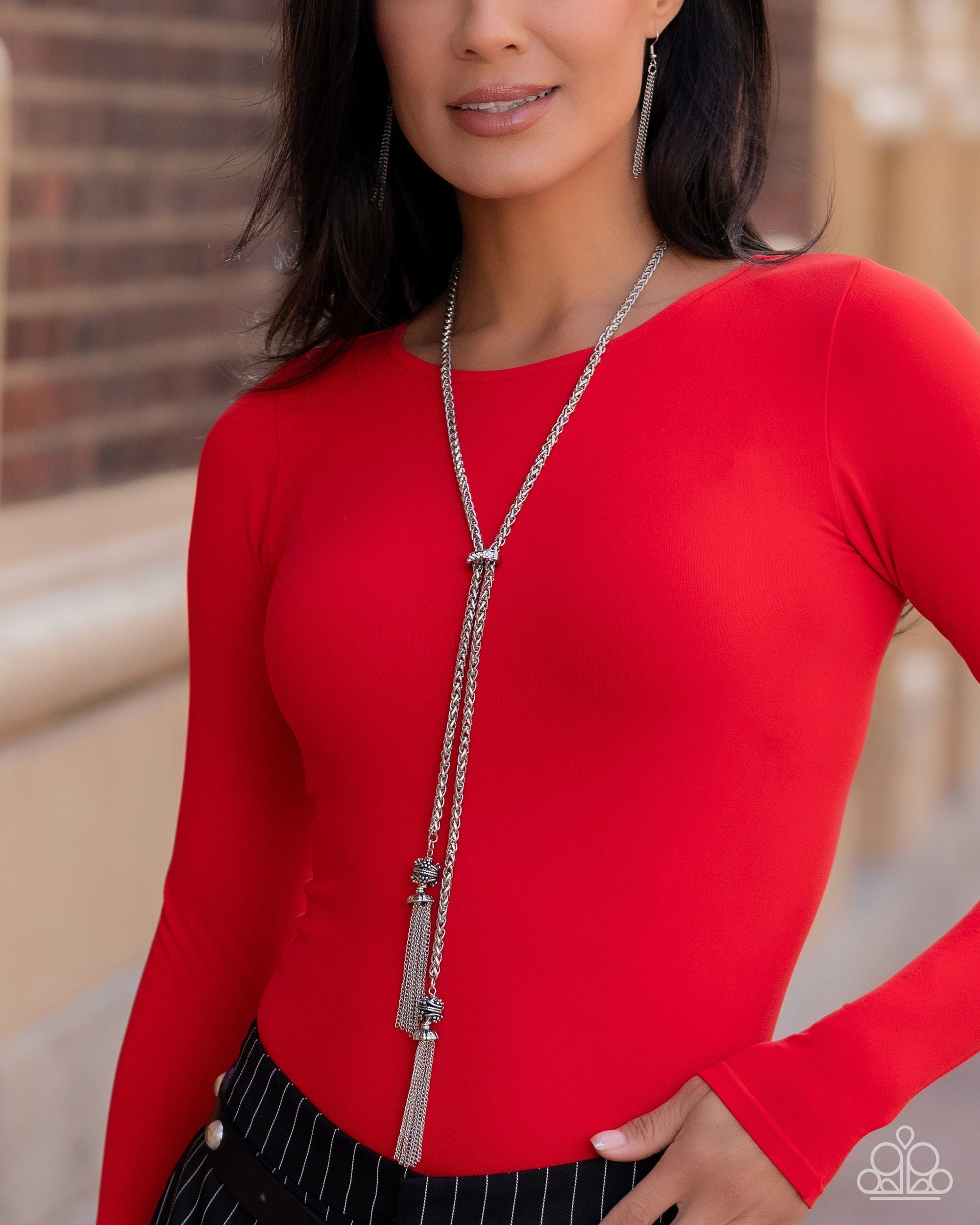 Tassel Transit White Rhinestone & Silver Tassel Necklace - Paparazzi Accessories- lightbox - CarasShop.com - Paparazzi Jewelry by Cara Jewels