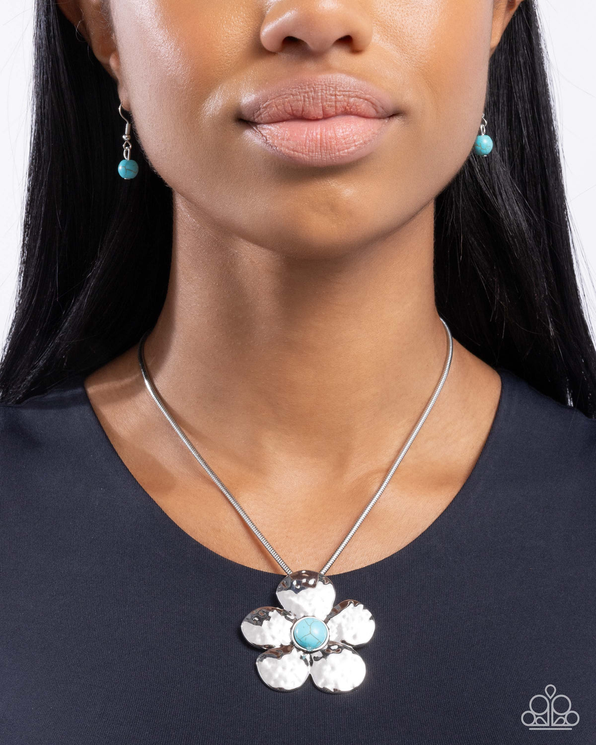 Tasteful Texture Turquoise Blue Stone Flower Necklace - Paparazzi Accessories- on model - CarasShop.com - Paparazzi Jewelry by Cara Jewels