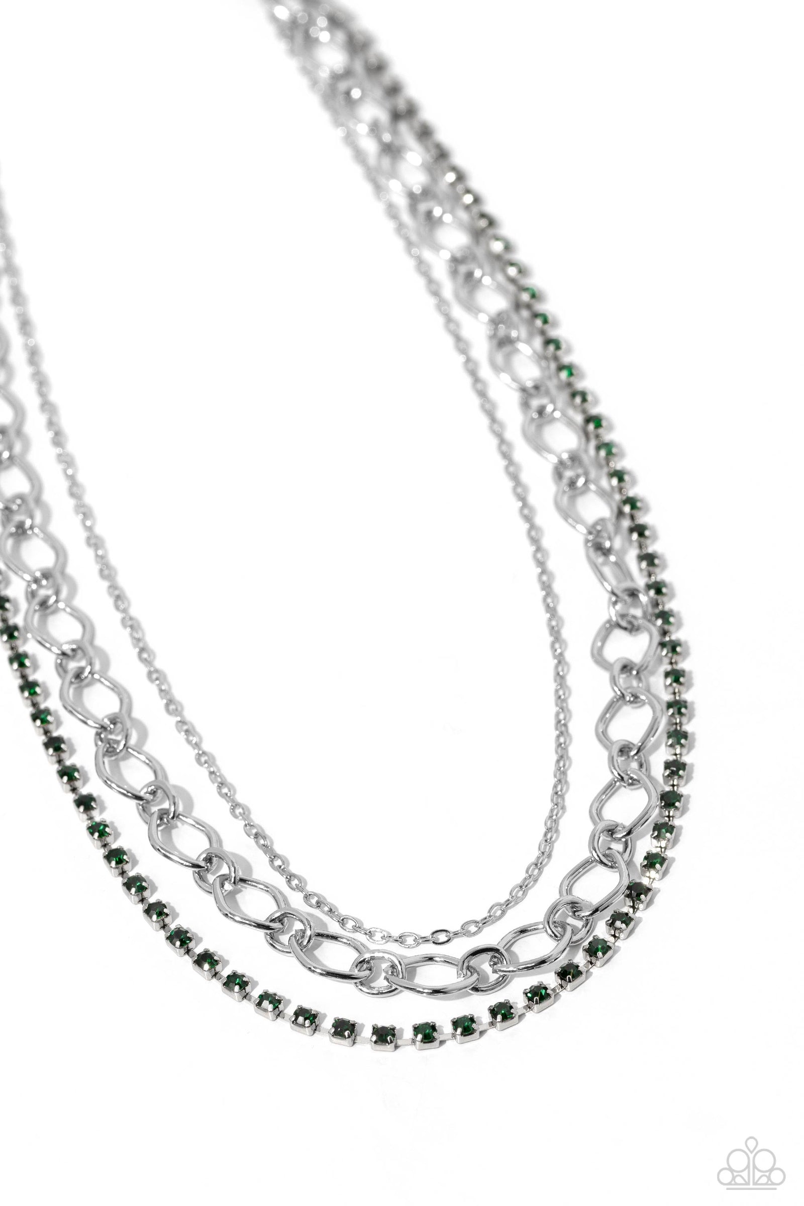 Tasteful Tiers Green Rhinestone Necklace - Paparazzi Accessories- lightbox - CarasShop.com - Paparazzi Jewelry by Cara Jewels